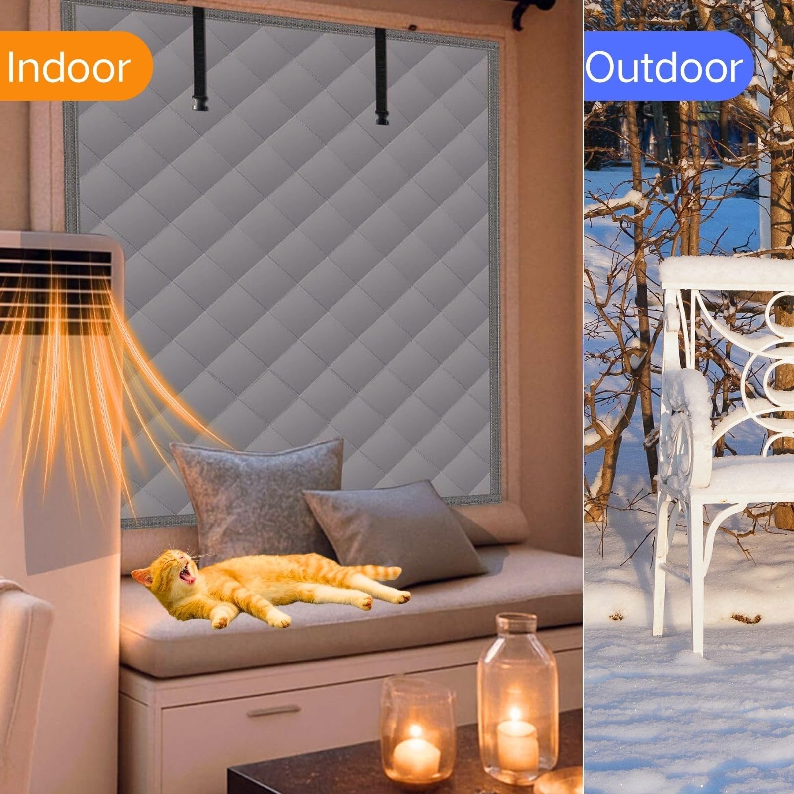 Thermo Cover Fenster Winter Isolierung Winddicht Wärmende Baumwollvorhänge Fensterisolationsset Wiederverwendbar, 100x120 cm zur Wärmedämmung an Fenstern(Gray,200x200cm)