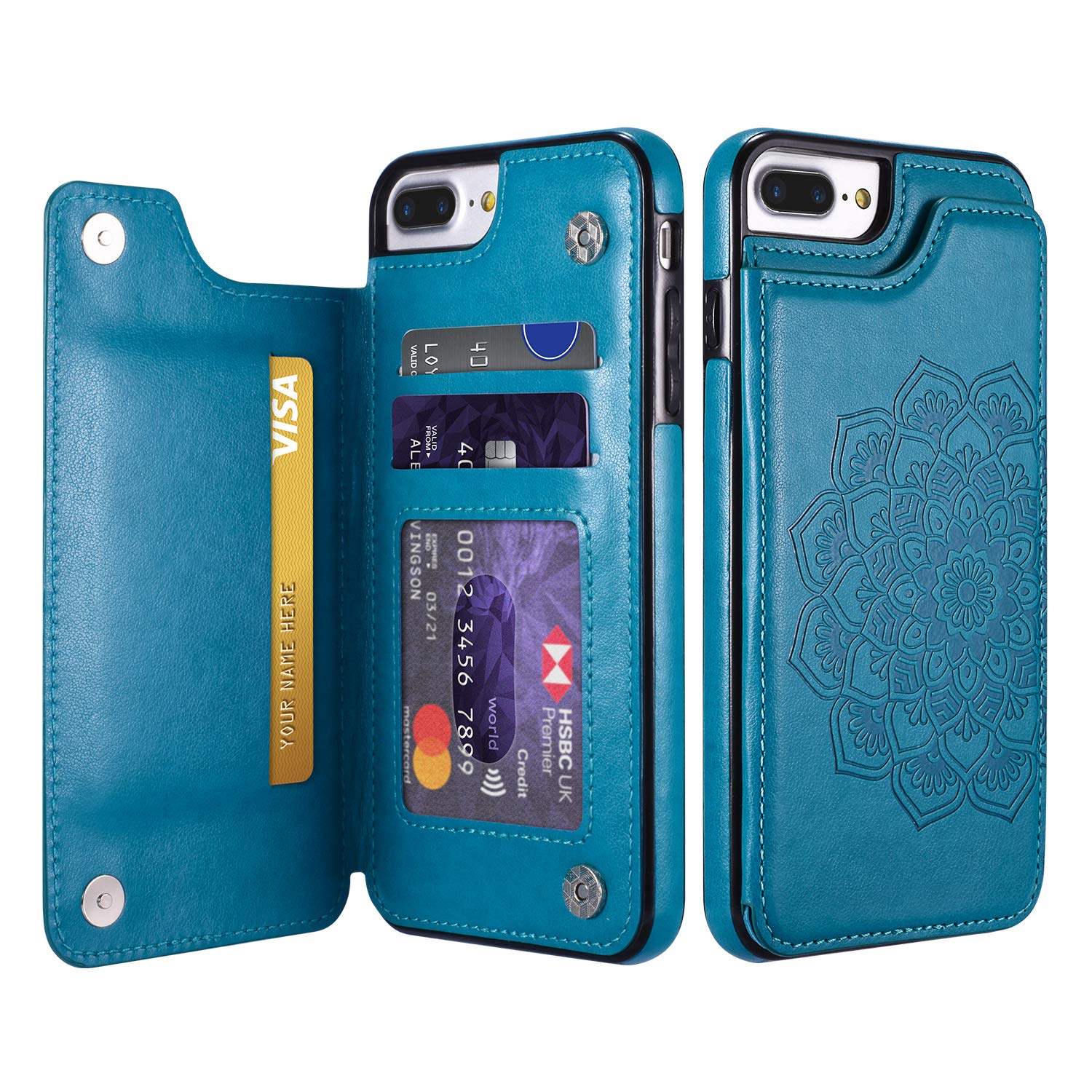 UEEBAI Case for iPhone 6 iPhone 6S, Luxury PU Leather Case [Two Magnetic Clasp] [Card Slots] Stand Function Embossed Mandala Pattern Half Flower Durable Soft TPU Back Wallet Cover - Blue#2