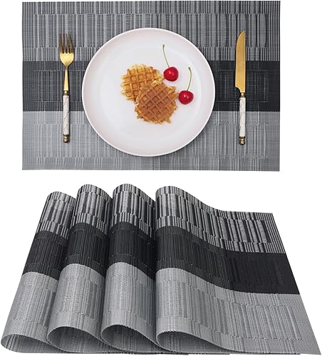 Vinjiasin Juego de 4 manteles individuales tejidos de vinilo para mesa de comedor, con rayas azules, lavables, resistentes al calor, fáciles de