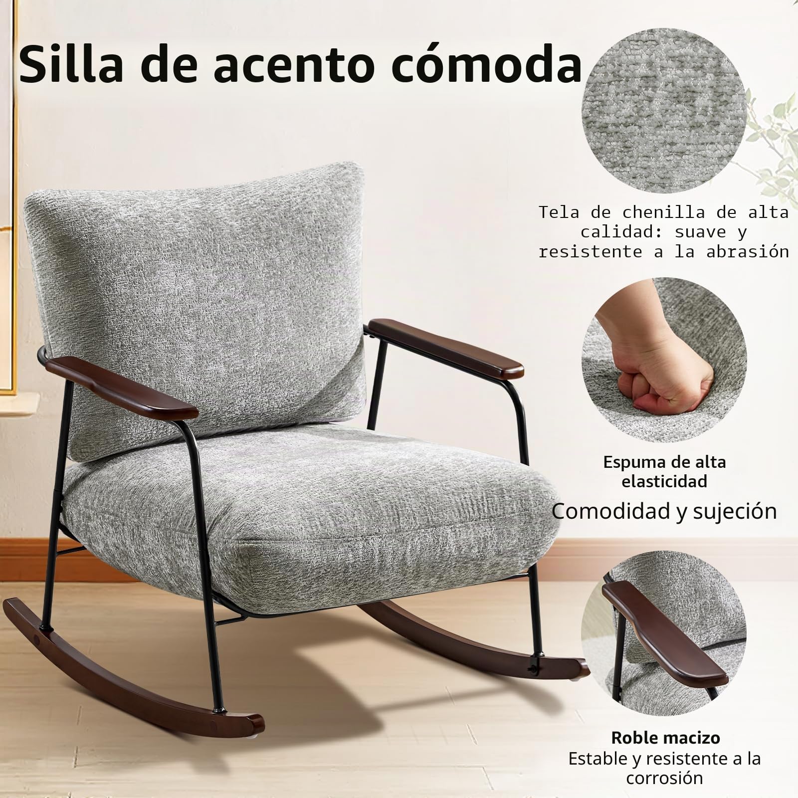 Hellove Sillón Mecedora Relax Reclinable Moderno - Butaca Salón con Respaldo Alto, Tela Chenilla Suave y Reposabrazos de Madera - Gris