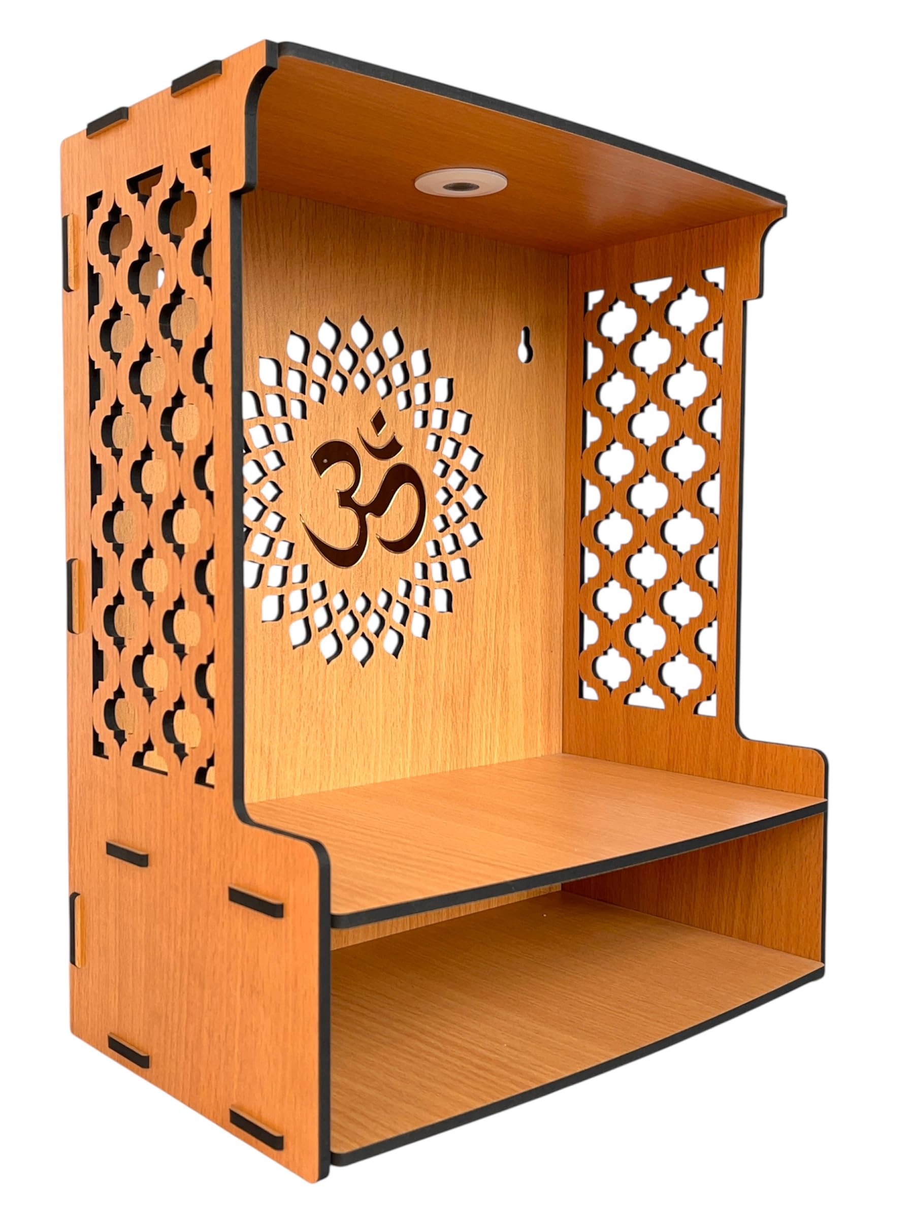 SSF® PREMIUM Beautiful Wooden Pooja Stand for Home, Temple, Office, Wall Mounted Puja Mandir with LED Spot Light, Size (H- 39, L- 19, W-32CM) (Beige)