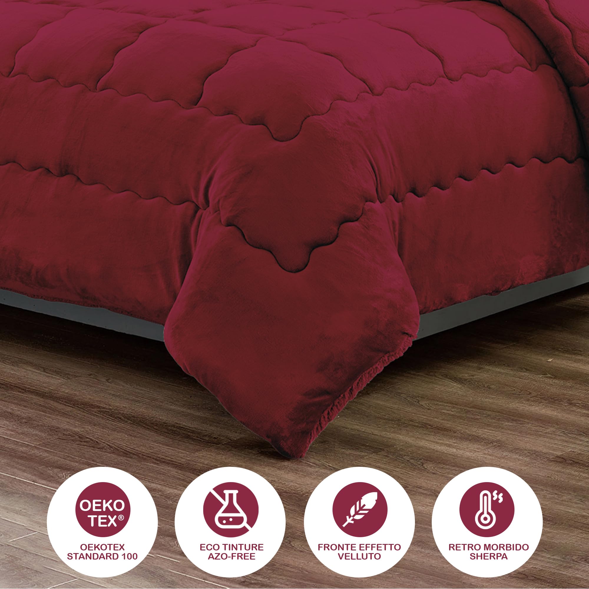 IlGruppone Trapunta Matrimoniale Velluto Retro in Sherpa Piumone Invernale Effetto Piuma 560 Gr/mq Piumino Caldo Due Piazze Inverno Coperta Duck Friendly - Bordeaux