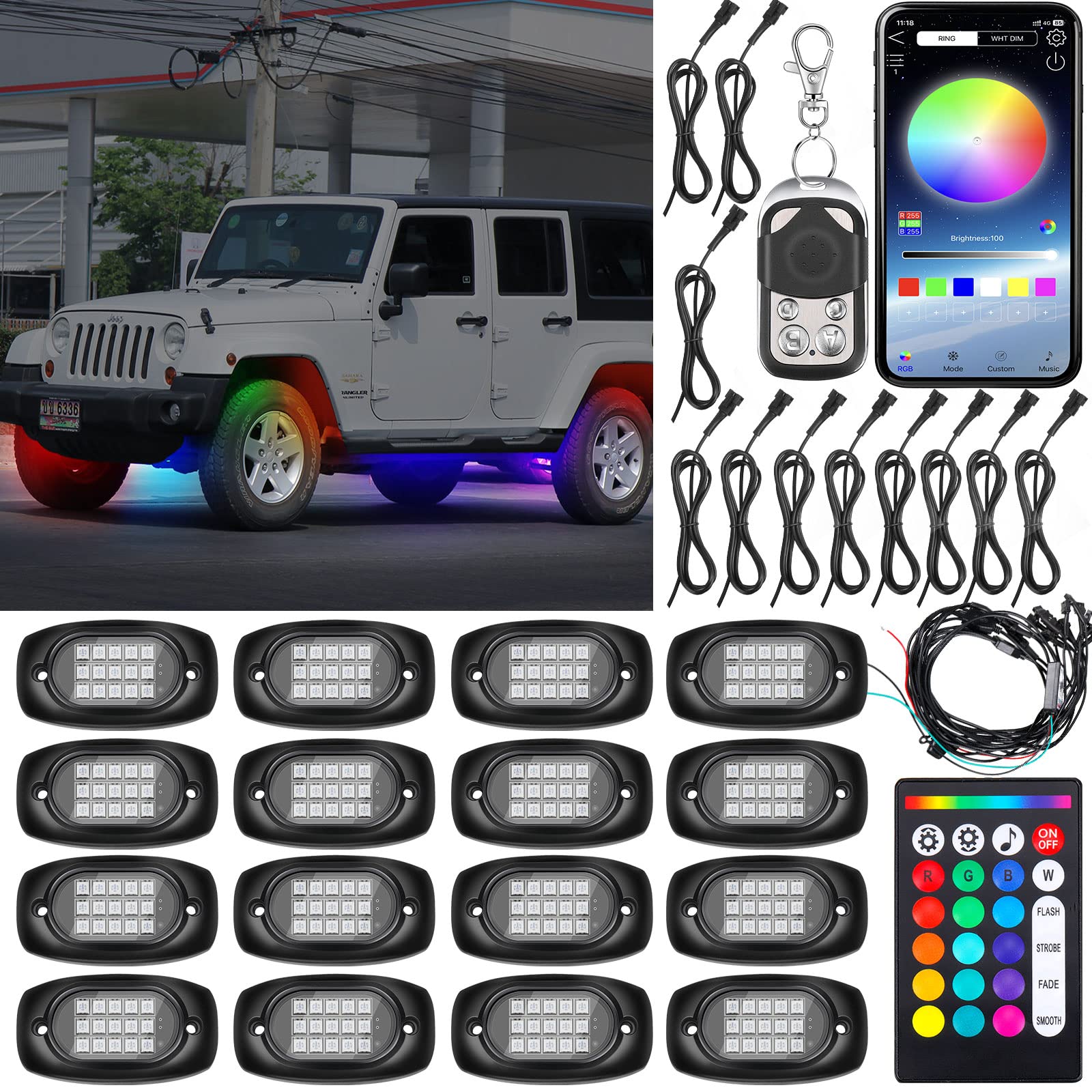 Treela16 Pods RGB Rock Lights White LED Lights with Extension Wires with Remote Voice Mode Lighting Kit for Car SUV ATV UTV Truck Motorcycle Underglow