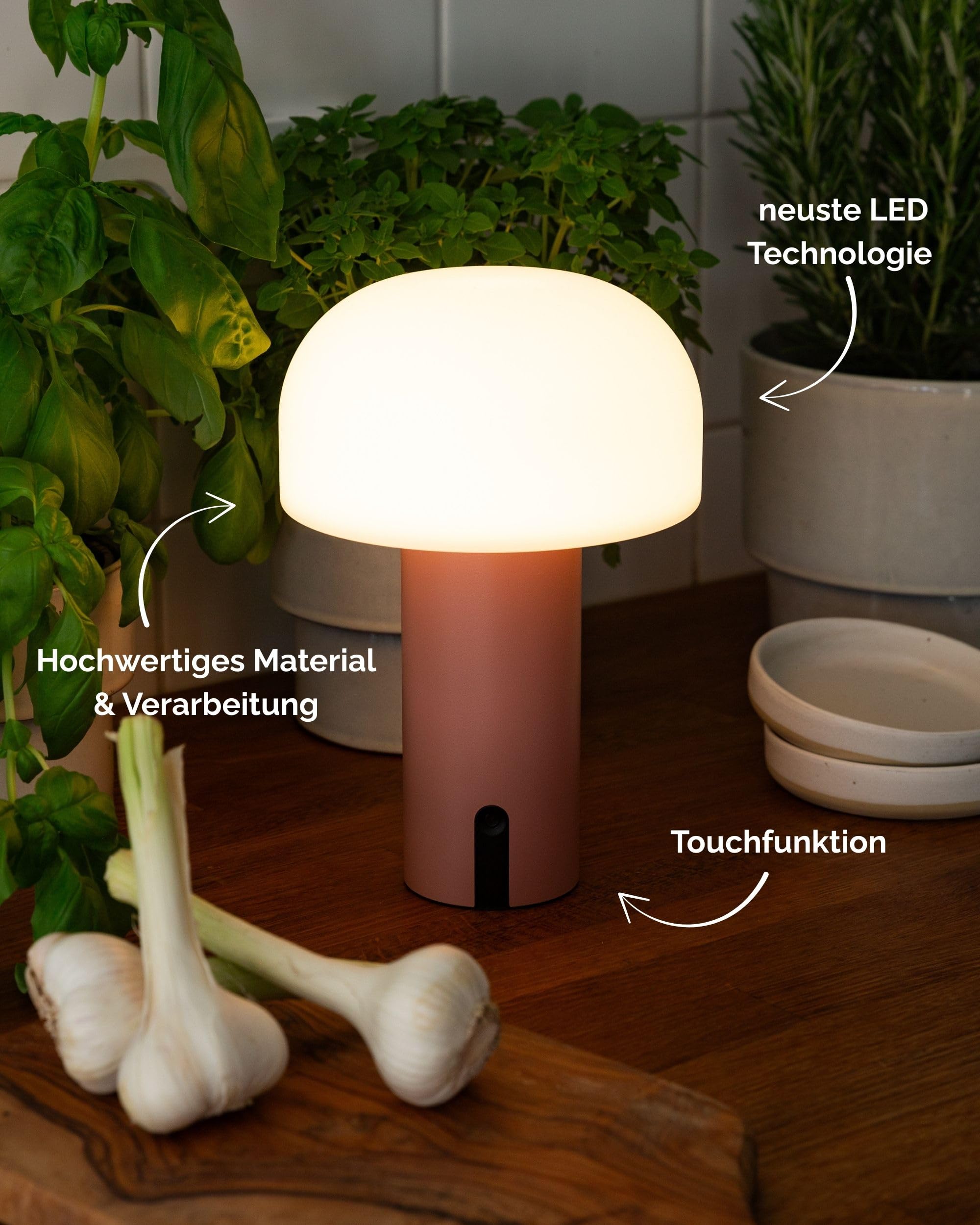 LUUK Studio LED Tischlampe in Pilzform, kabellos mit Akku, dimmbar per Touch, IP44 spritzwassergeschützt für Garten, Terrasse & Balkon, lange Leuchtdauer, dekorative Design Leuchte, Matt Rosa