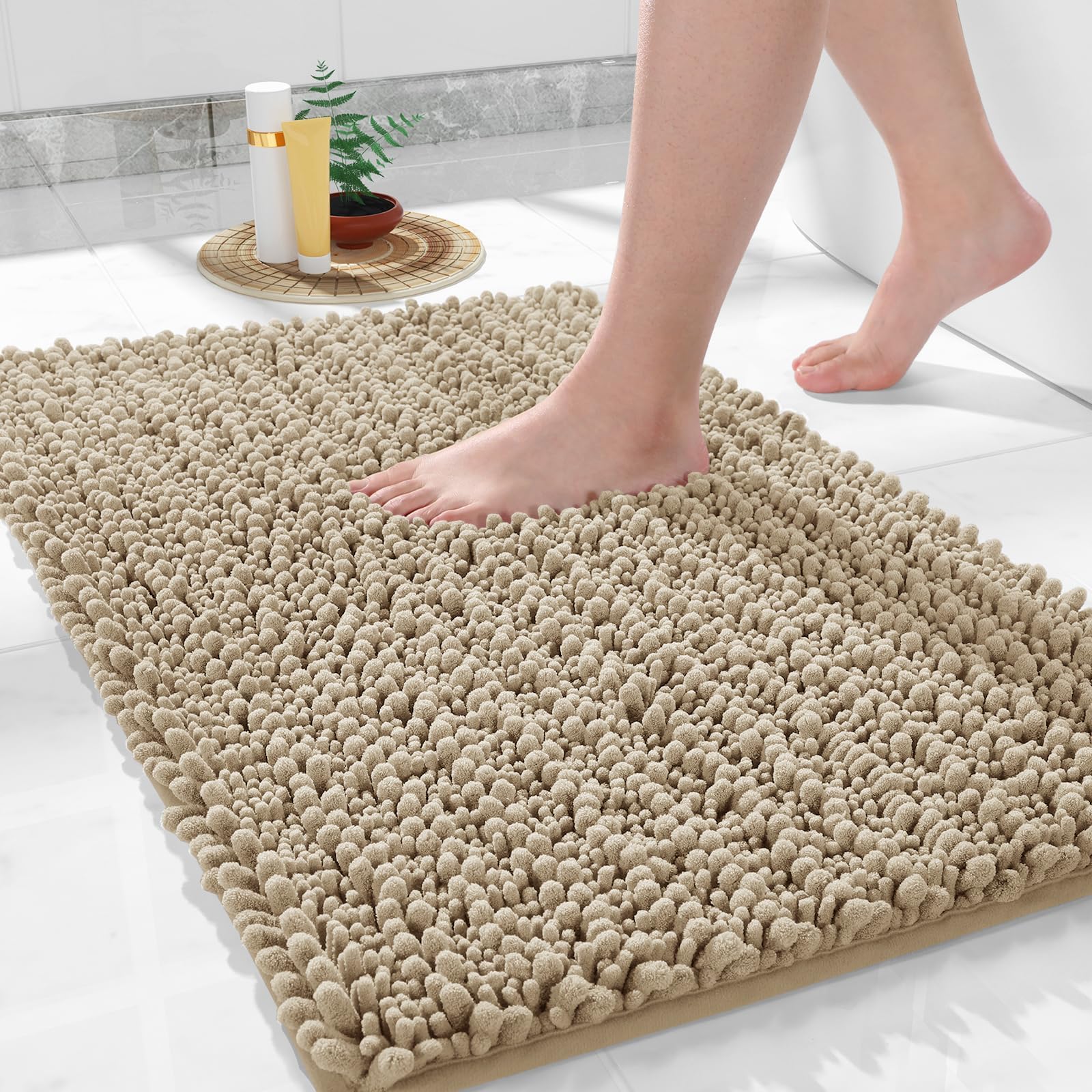 Yimobra Bathroom Rugs Non Slip Washable 24x17 Inch - Ultra Soft Absorbent Chenille Bath Mat, Quick Dry Shaggy Floor Carpet for Tub Shower, Camel Home
