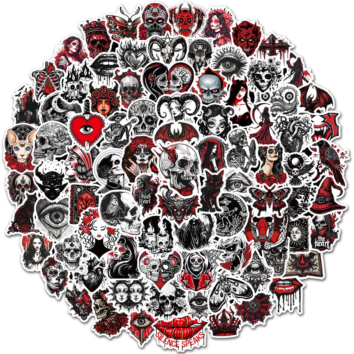 200Pcs Black and White Gothic Stickers Pack, Red Skull Graffiti Stickers for Water Bottle Scrapbook Kindle Laptop Skateboard, Waterproof Vinyl Punk Gothic Decals for Adults and Teens