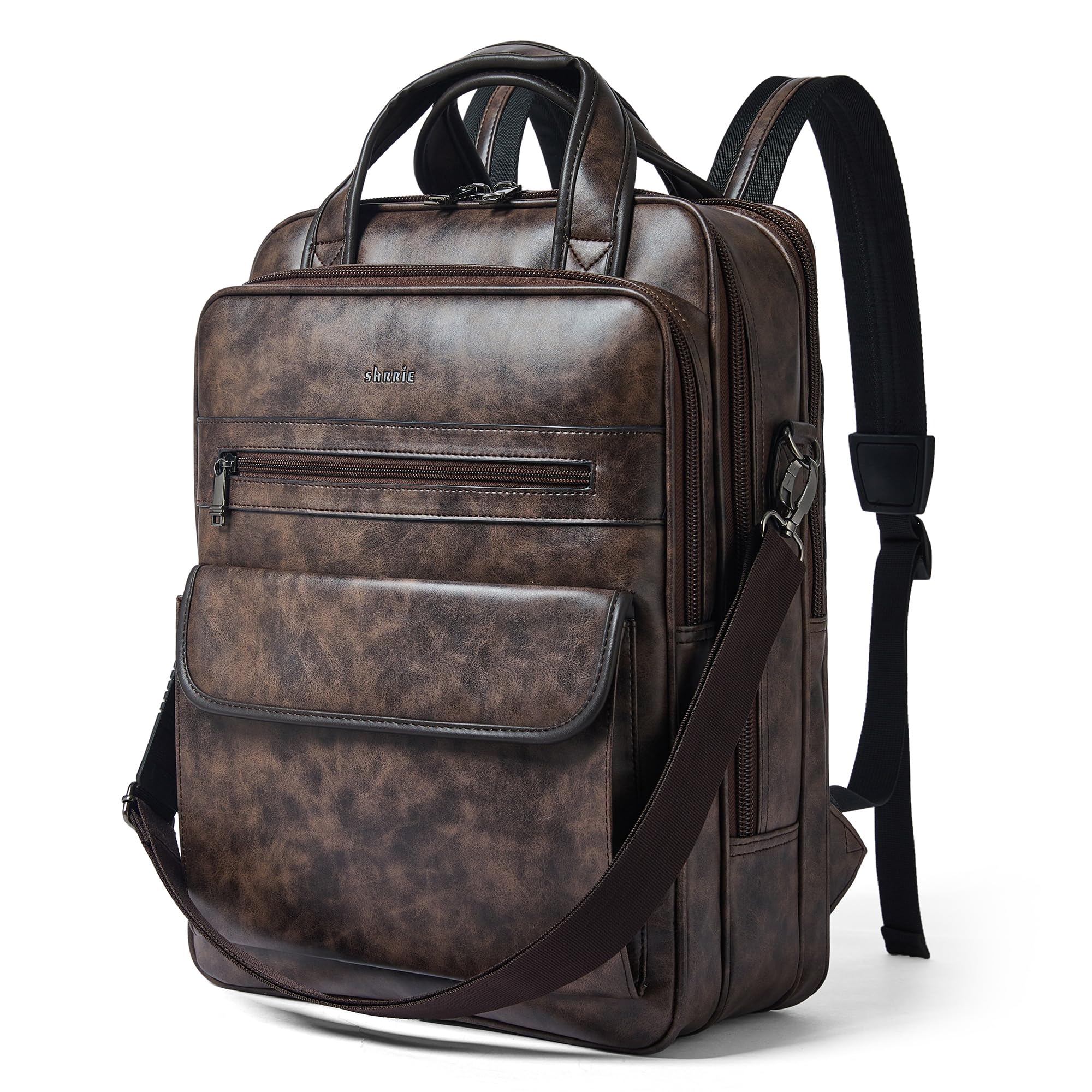 Shrrie 15,6 pouces Sac à dos pour ordinateur portable, Sac à dos en cuir vegan pour homme et femme, résistant à l'eau, pour le travail, les affaires, l'université, les voyages, Café Bicolore