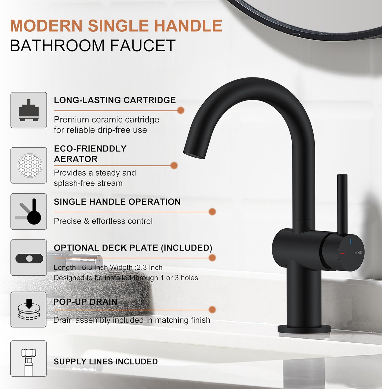 KENES Matte Black Bathroom Sink Faucet, Bathroom Faucets Single Handle Modern Prep Wet Bar Sink Faucets with Drain Assembly & Deck Plate, Farmhouse RV Camper Outdoor Utility Faucet, KE-9005B-2 - Image 3