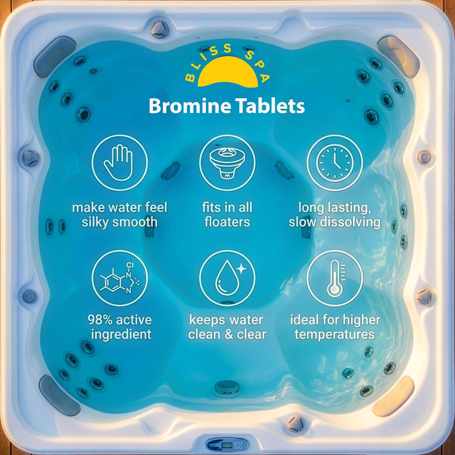 Bliss Pool Spa & Hot Tub Bromine Tablets 1 Inch (1.8 lb), Low Odor Sanitizer, Chlorine Alternative, Fits All Floaters, Brominating Tabs for Spas, Hot Tubs and Indoor Pools, 1.8 Pounds