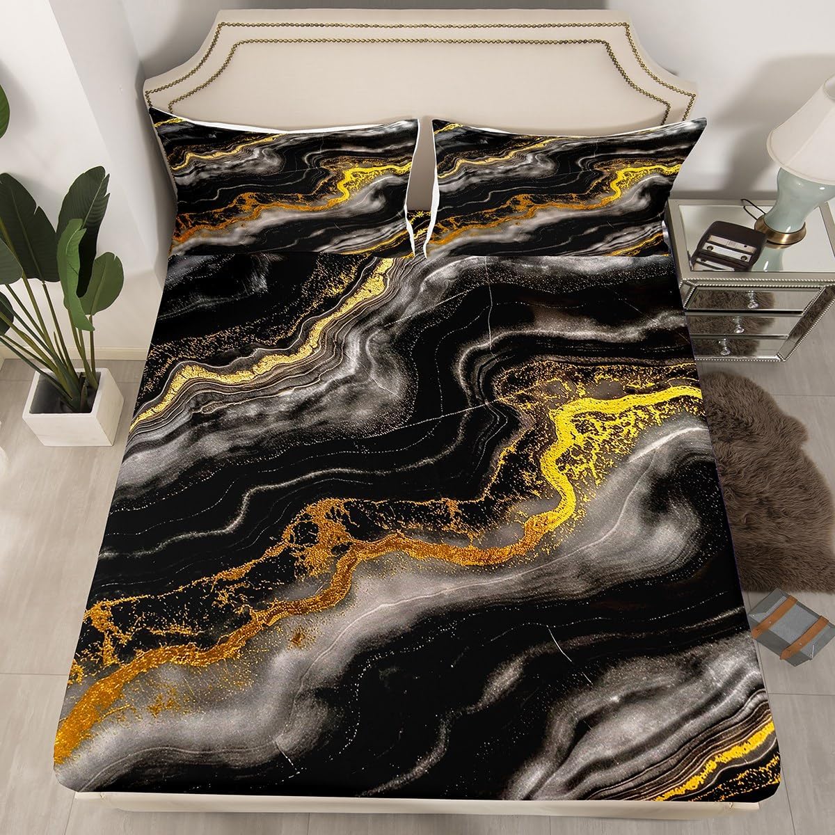 Golden Black Marble Bed Sheets Set Twin Size Kids Modern Aesthetic Fitted Sheet with Deep Pocket Boys Girls Retro Watercolor Artwork Bedding Set Abstract Texture Bedroom Decor Bedclothes