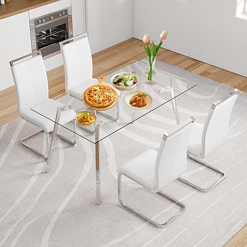 Miniatura 9 de Juego de mesa de comedor de cristal para 4, mesa rectangular con 4 sillas de cocina de cuero gris, juego de comedor de cocina de 51 pulgadas, mesa