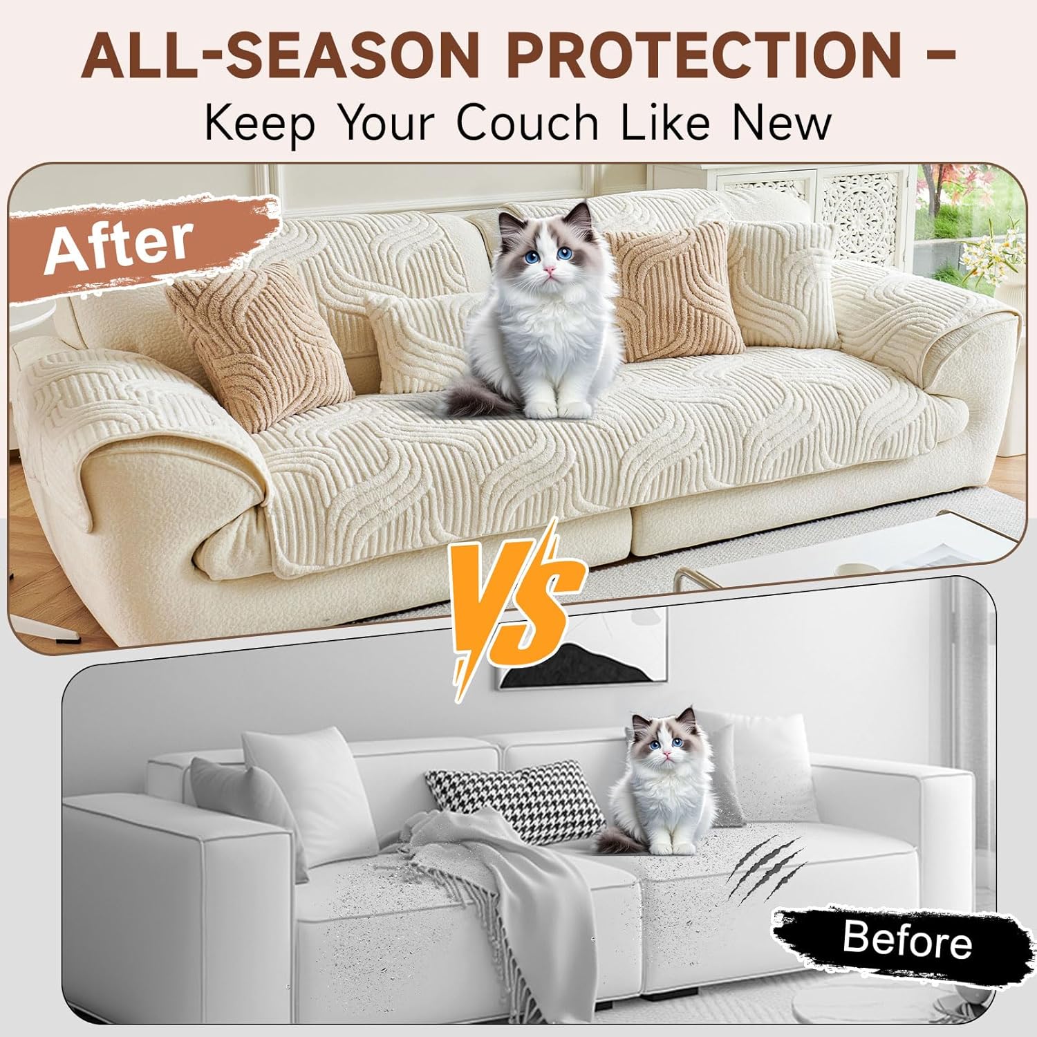OTOB All Season Couch Cover for Dogs Washable, Non Slip Ultra Soft Plush Pet Couch Covers for 3 Cushion Couch Sofa, Cozy Fuzzy Sofa Slipcovers Furniture Protector, 1 Piece(Cream, 35.4"x70.9")