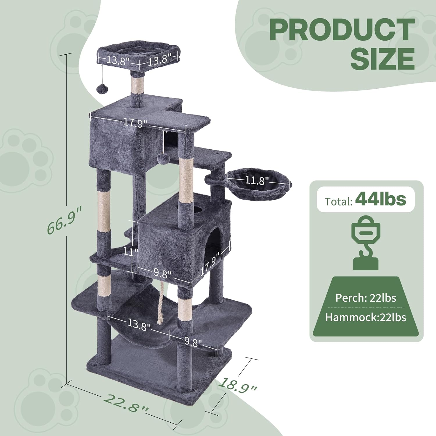 Cat Tree for Indoor Cats, 66 Inches Cat Tower with Scratching Post, Multi-Level Climbing Tree Cat House Padded Plush Perch, Cat Condo Activity Center with Pompoms, Kittens Pet Play House, Dark Gray