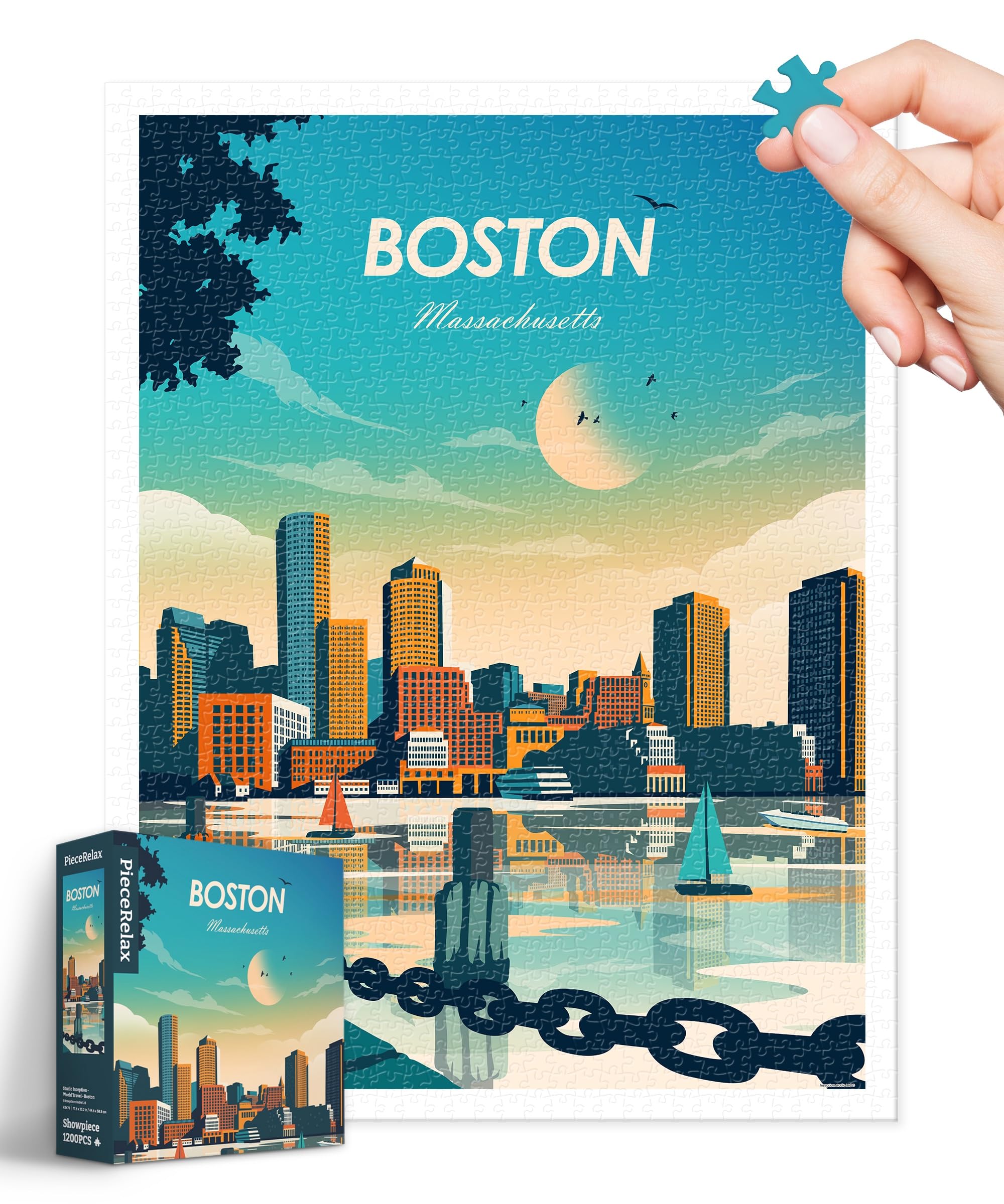 PieceRelax Plastic Jigsaw Puzzles for Adults 1200 Pieces Studio Inception - World Travel - Boston Most Satisfying Table Games and Gifts No Puzzle Mat