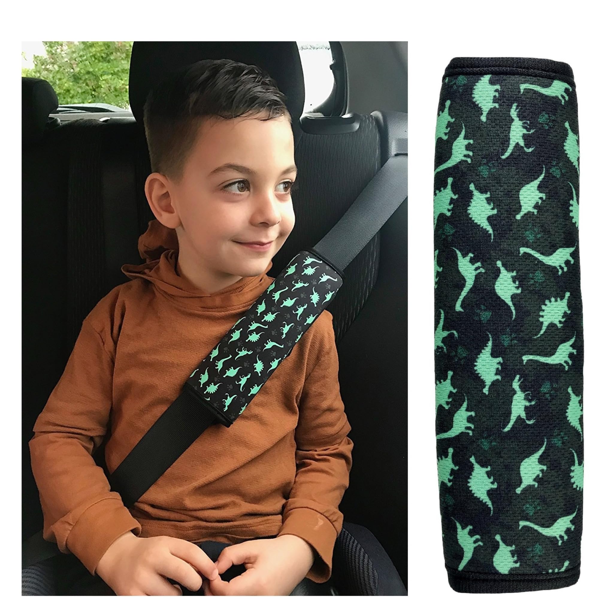 HECKBO 1x Kinder Auto Gurtpolster Gurtschutz mit Dinosaurier Dino Motiv - Sicherheitsgurt Polster für Kinder und Babys- Ideal für jeden Gurt Autositzerhöhungen Kinder Fahrradanhänger Flugzeug