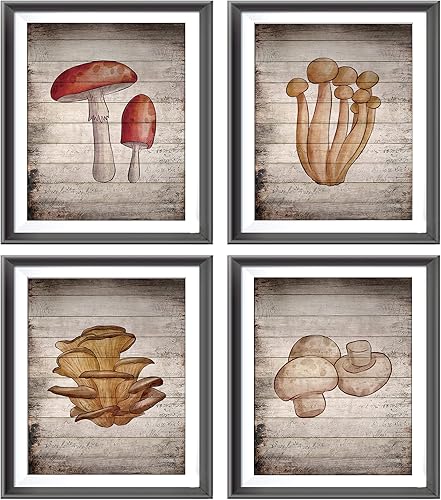 Póster vintage de hongo botánico sobre fondo de madera, impresiones para el hogar, sala de estar, dormitorio, comedor, decoración de aula, hongo y