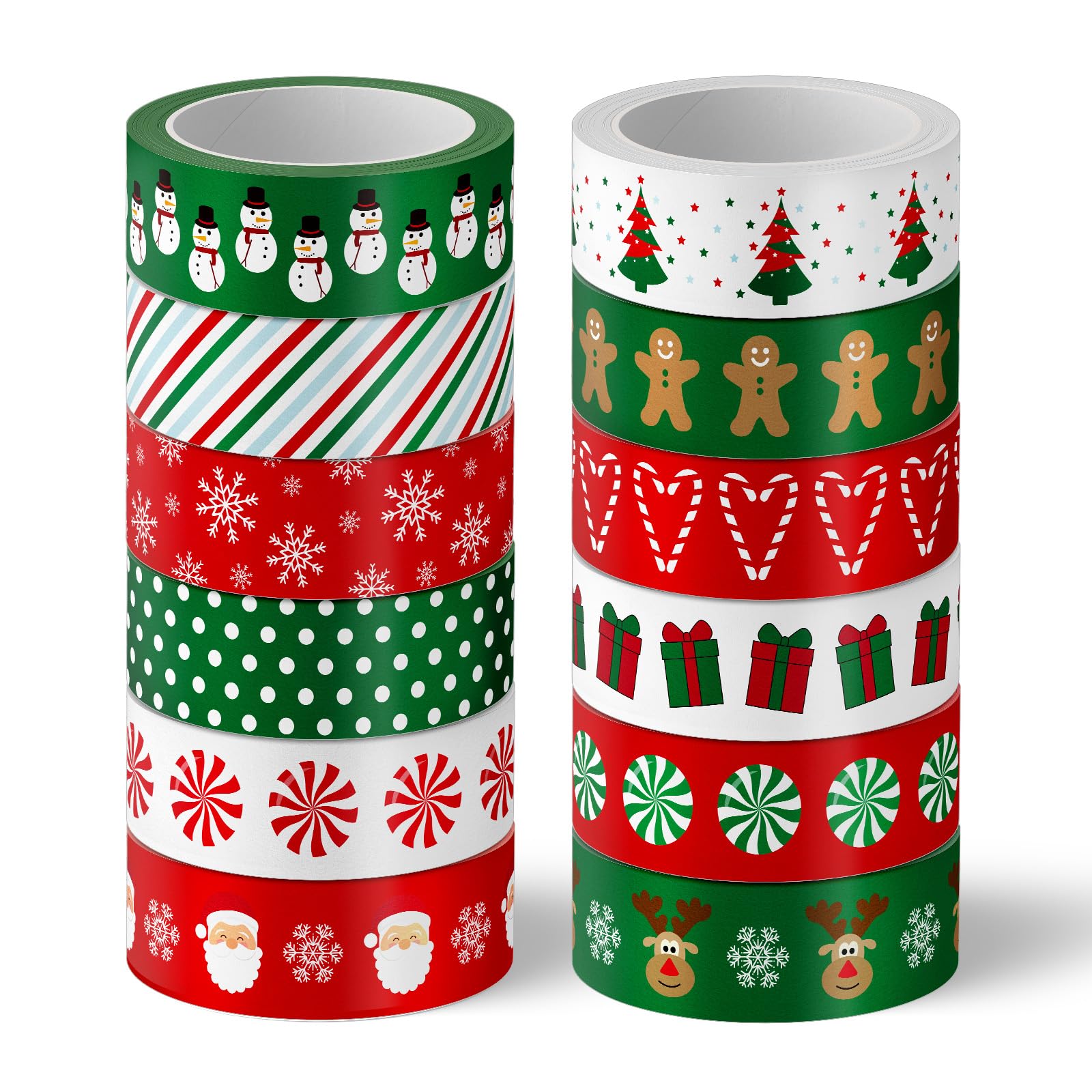 Whaline 12 Rolls Christmas Washi Tape Red Green Xmas Tree Snowman Santa Claus Gingerbread Man Candy Cane Pattern 15mm Decorative Masking Tape for