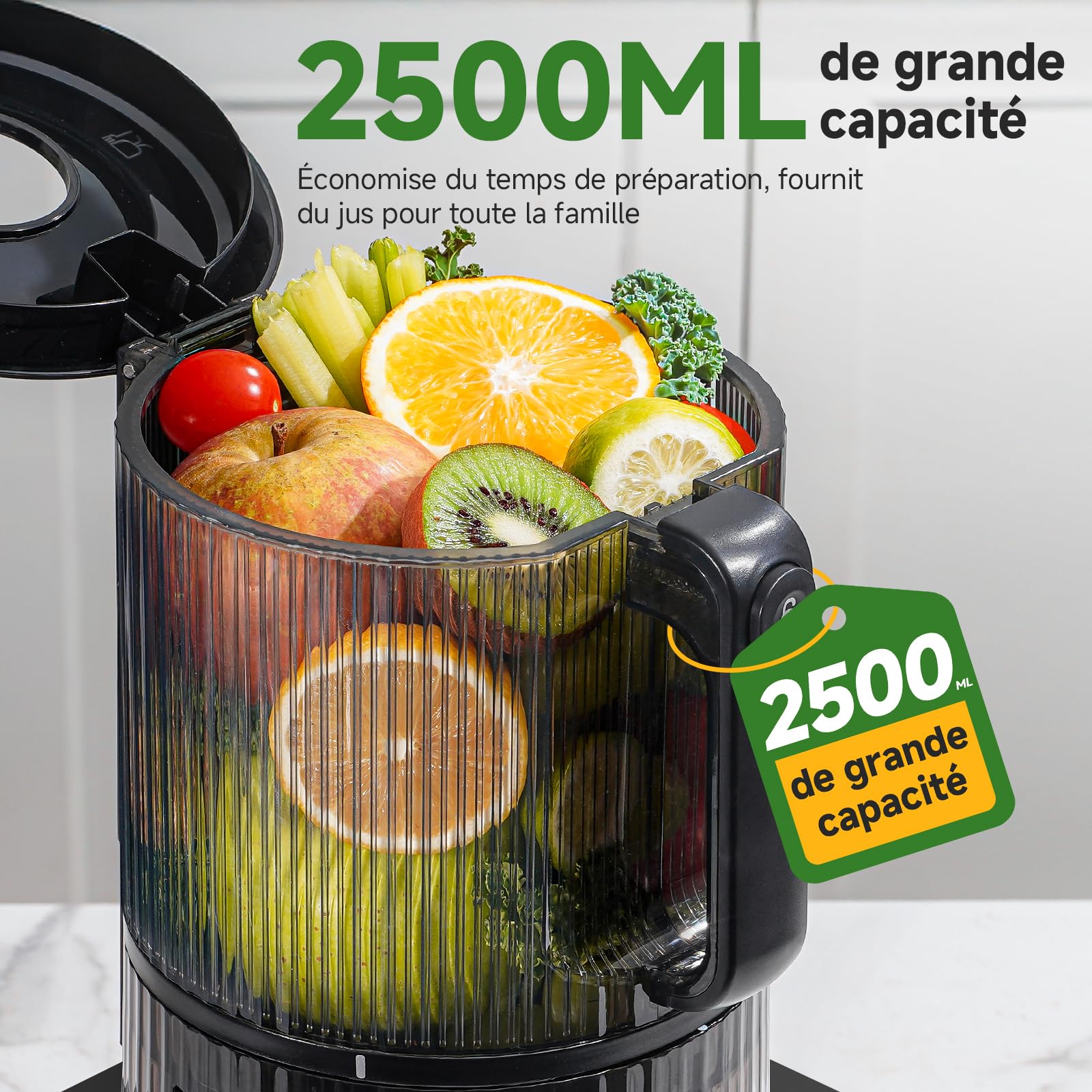 AMZCHEF Extracteur de Jus de Fruits et Légumes, Bocca 155mm, 2,5L, 2 Filtres, Pression Automatique