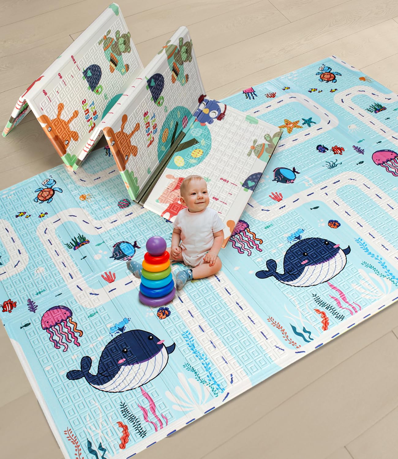 Intelliskills Premium Extra Large Reversible Play Mat for Babies,Learning&Crawling Foldable Baby Mat for Floor,Non-Toxic&Anti-Skid Play Mat,Waterproof,6.5x4.5 ft,0.6cm Thick(Jungle Animals&Ocean Life)