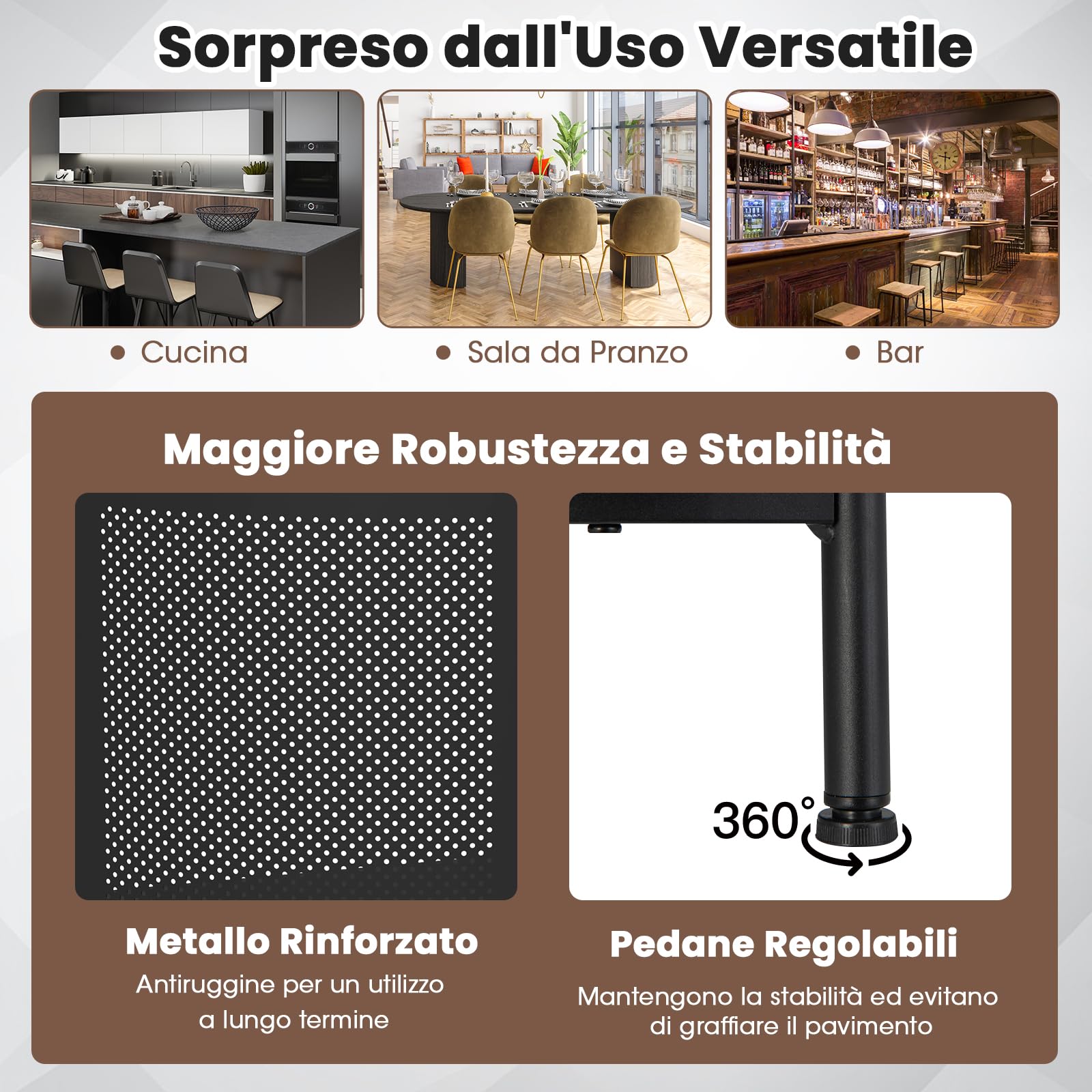 RELAX4LIFE Tavolo Bar Semicircolare con 4 Ripiani e 3 Supporti per Calici, Piano Curvo in Metallo Perforato con Poggiapiedi Integrato, per Cucina, Soggiorno o Angolo Bar (Nero, 110,5 x 48 x 112,5 cm)