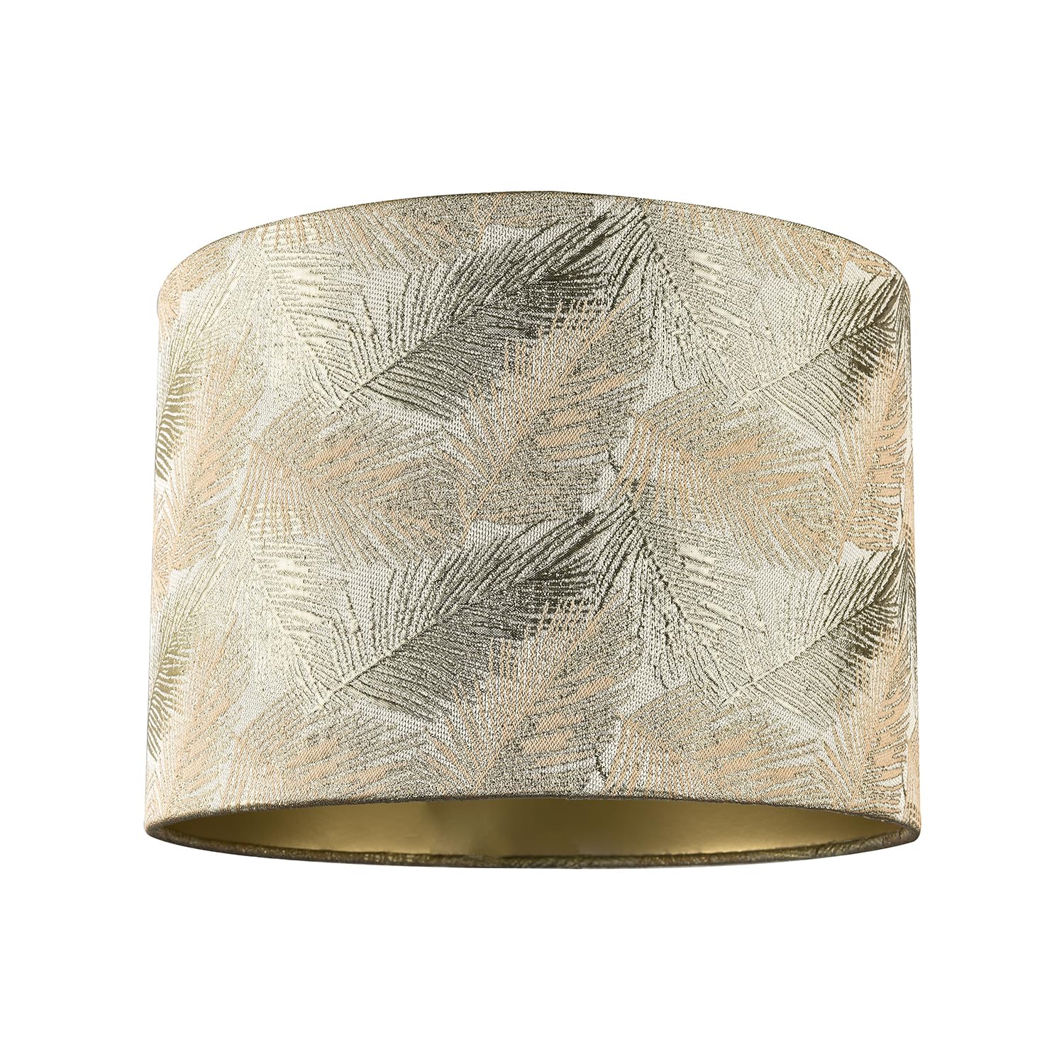 Happy Homewares Gold Modern Textured Floral Drum Lamp Shade With Shiny And Silver Fern Leaves | 18Cm X 25Cm | Champagne Inner Paper Lining By