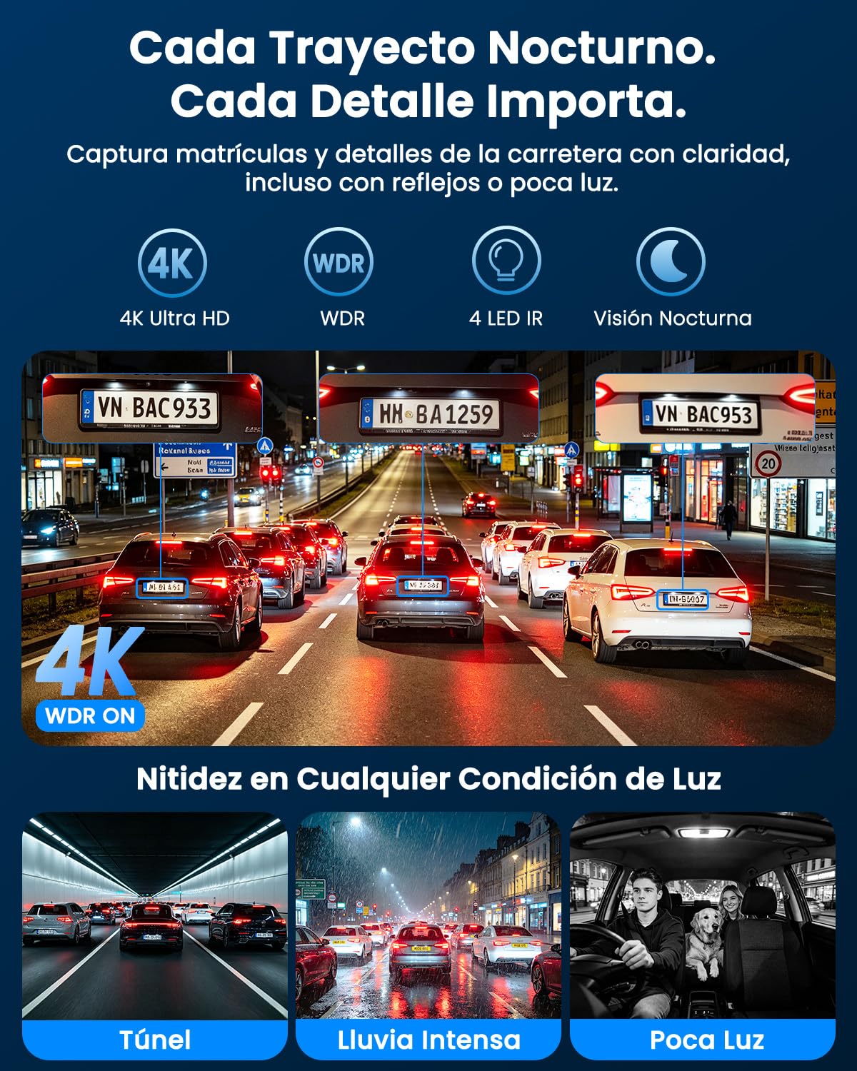 4K Dashcam Coche 3 Canales, Frontal Trasera y Interior 4K+2K+2K | GPS, 5GHz WiFi, WDR, Visión Nocturna, Visión 170°, G-Sensor, Monitor de Aparcamiento 24/7, Tarjeta de 64GB Incluida