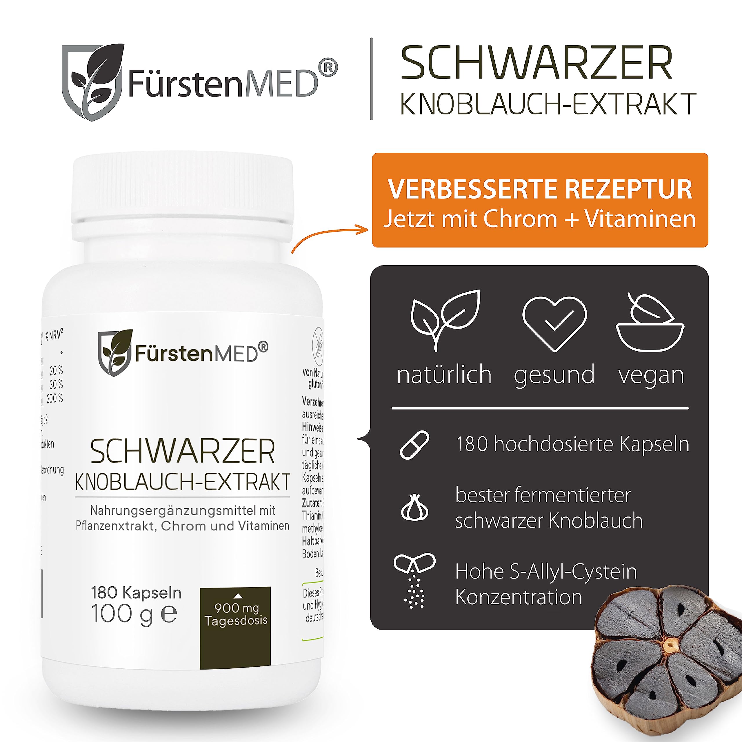 FürstenMED® 180 Schwarzer Knoblauch Kapseln, als 10:1 Extrakt = 9.000mg