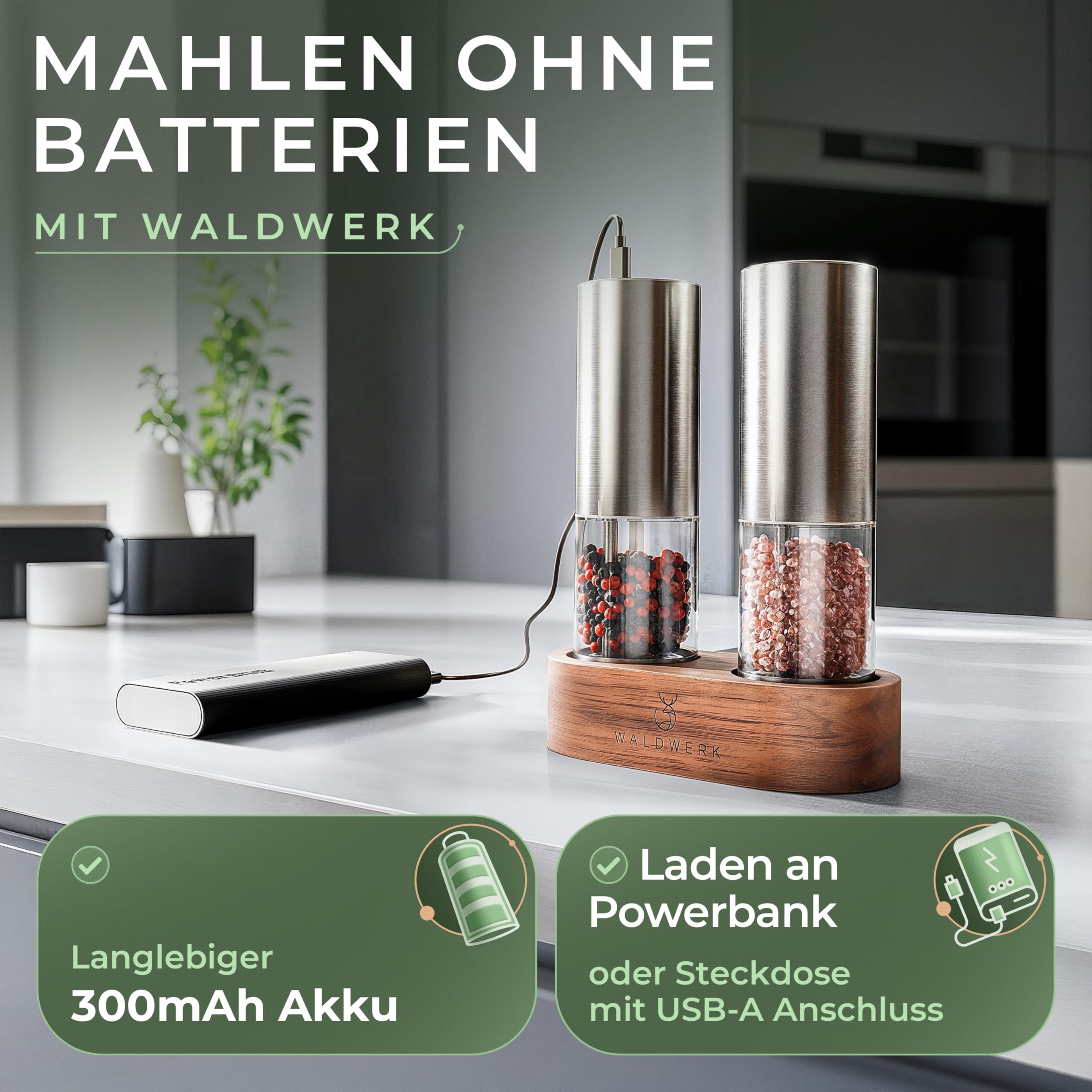WALDWERK Elektrische Salz- und Pfeffermühle (300 mAh Akku) - Edle Akazie-Halterung - Elektrische Mühle für Salz und Pfeffer