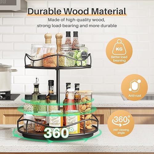 Miniatura 4 de Lazy Susan - Organizador de especias giratorio de madera de 2 niveles de 10 pulgadas para gabinete, despensa, cocina, encimera, mesa de comedor,