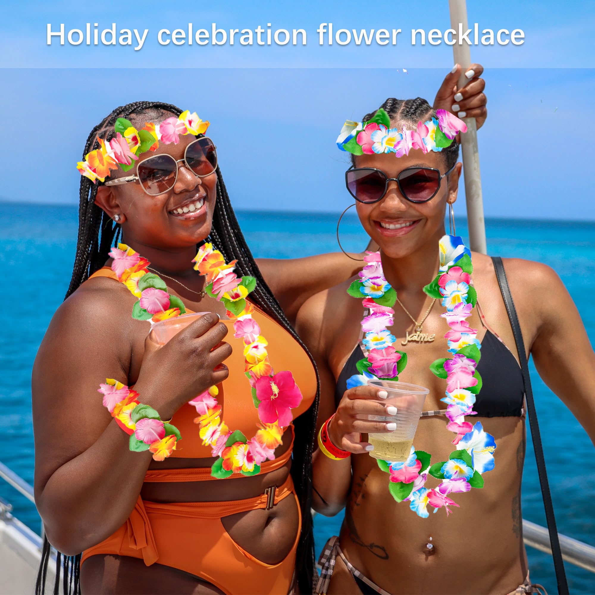 duoyif Hawaii Flower Necklace Hawaiian Garland Necklace Flowers Bracelet Hawaiian Band Necklace Flowers for Carnival Hawaii Party Beach Football Cheerleading (Orange/Red B) - Image 2