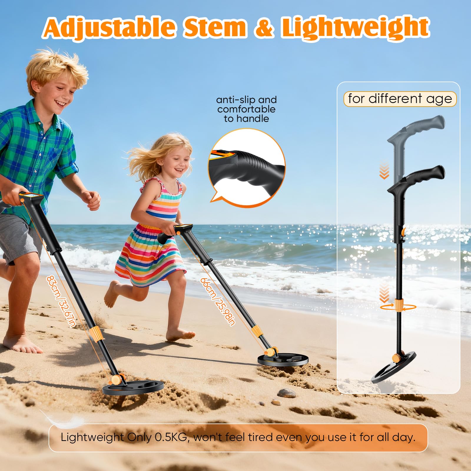 Detecteur Metaux Enfant, Léger Detecteur de Metaux Enfant avec Tige Réglable de 66 à 83 cm, écran LCD et Disque de Recherche étanche, Détecteurs de Métaux pour Enfants avec Pelle Râteau Tamis Sac