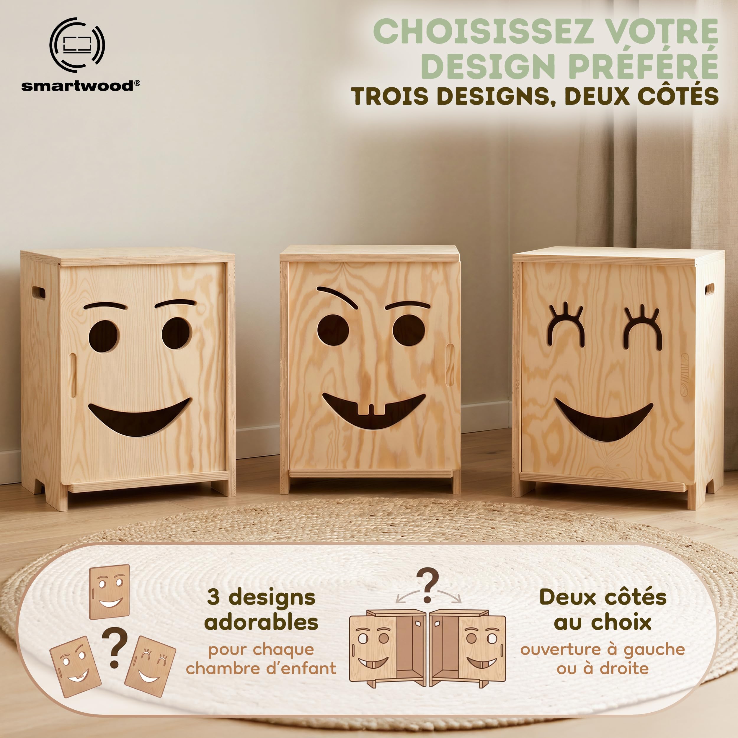 smartwood Table de Chevet Enfant - Table de Nuit Montessori en Contreplaqué de Pin Certifié FSC - Design adapté aux Enfants, Construction Stable & Montage Facile - KAPI 3P