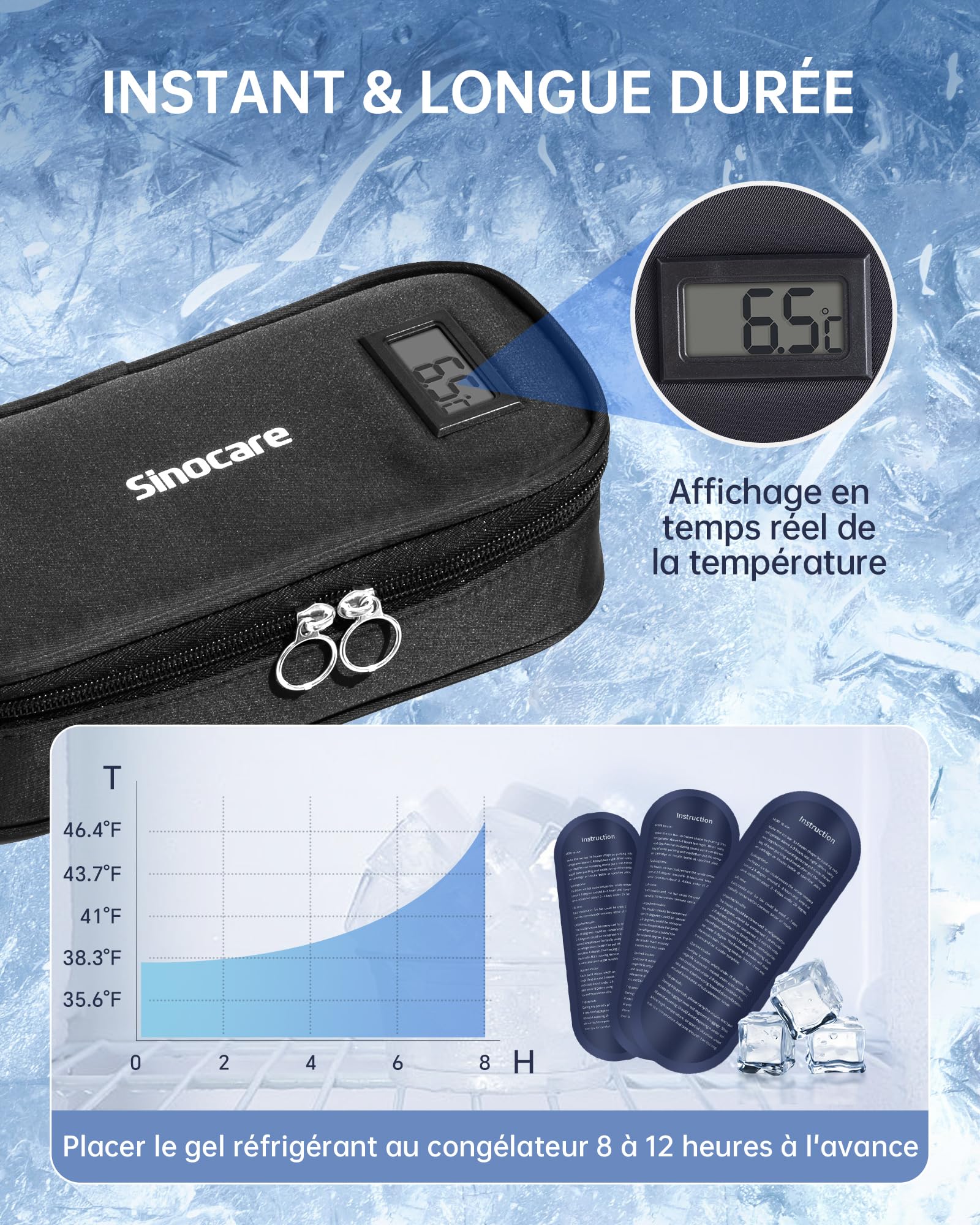 Trousse isotherme médicament avec affichage température | glace réutilisables Pochette portable pour insuline stylos traitements idéale pour voyage usage quotidien