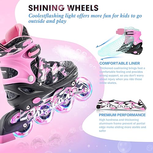 Miniatura 3 de Kuxuan Patines en línea ajustables para niños con ruedas iluminadas, divertidos patines iluminadores para niños, niñas y jóvenes Rosa,Negro