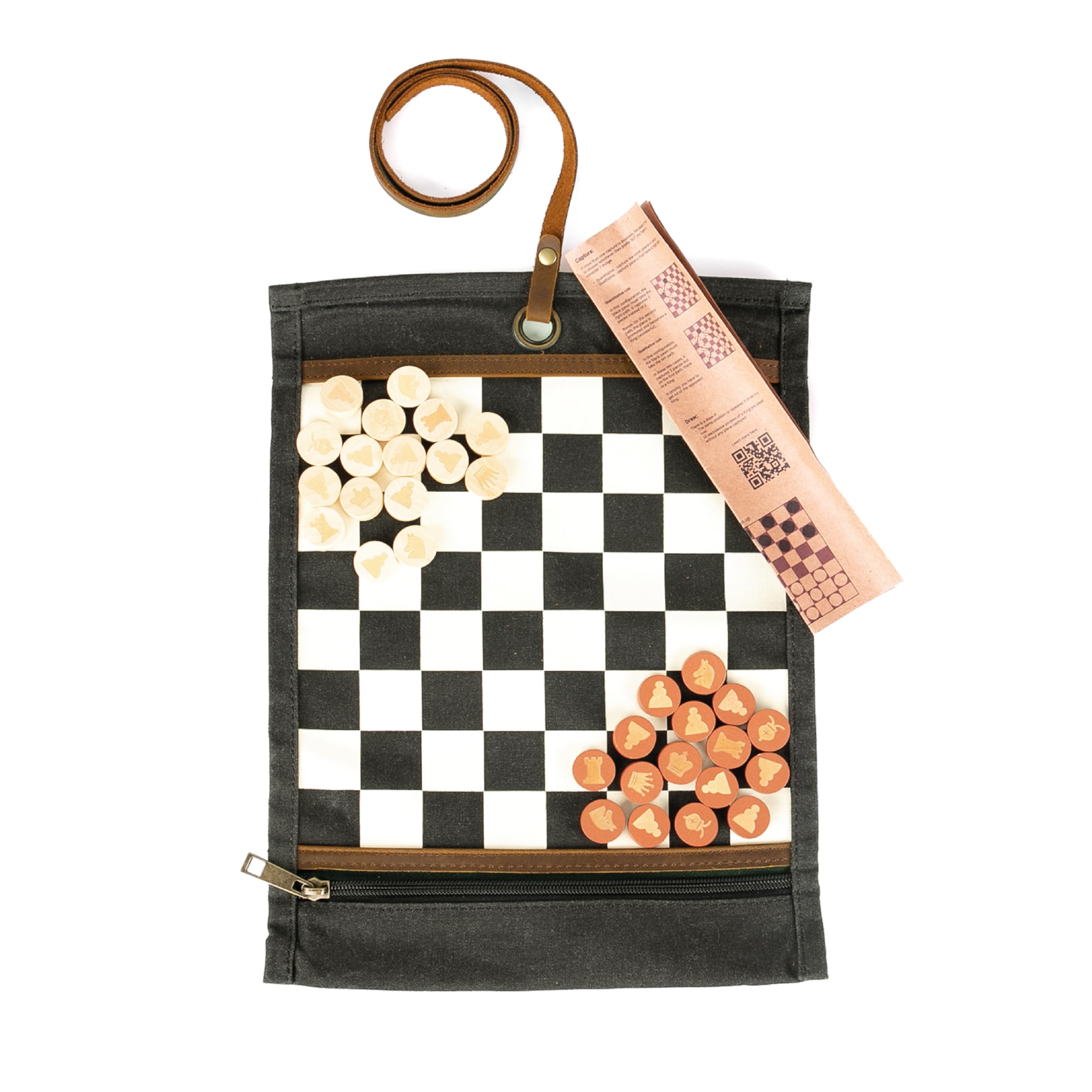 Alaskan MAKER - Chess & Checkers 2 in 1 - Roll-Up Waxed Canvas Mat - Wooden Checkers - Full Grain Leather Strap - Ideal for Travel & Play Anywhere (Black)