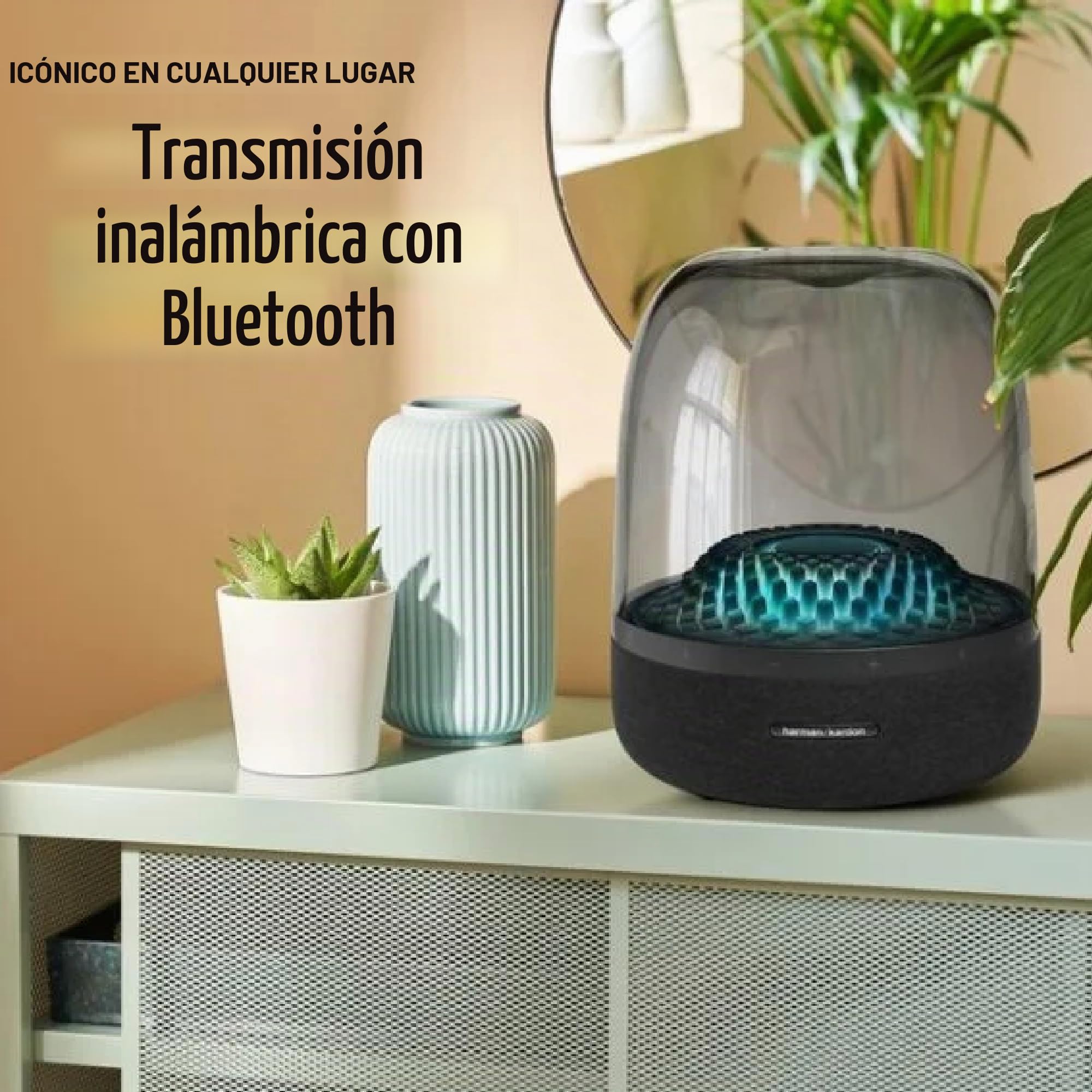Harman Kardon Aura Studio 4, altavoz Bluetooth para casa, con cúpula transparente, iluminación ambiental con cinco patrones de efecto diamante, sonido potente, negro