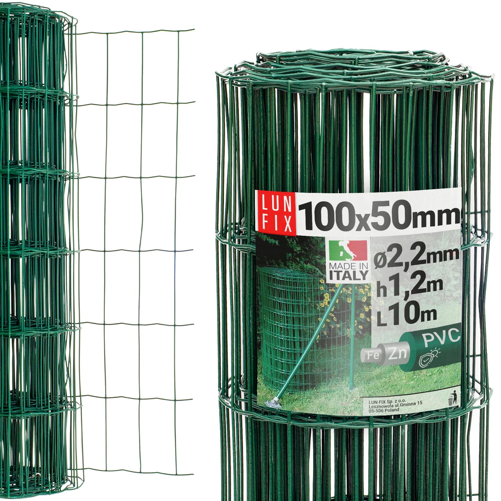 Maschendrahtzaun - verzinkter Stahl Grün PVC-beschichtet, 100 x 50 mm, Ø 2.2 mm, 120 cm x 10 m, Gartenzaun Hundezaun Wildzaun Hühnerzaun Drahtgitter Zaun Schweißgitter, Lun Fix
