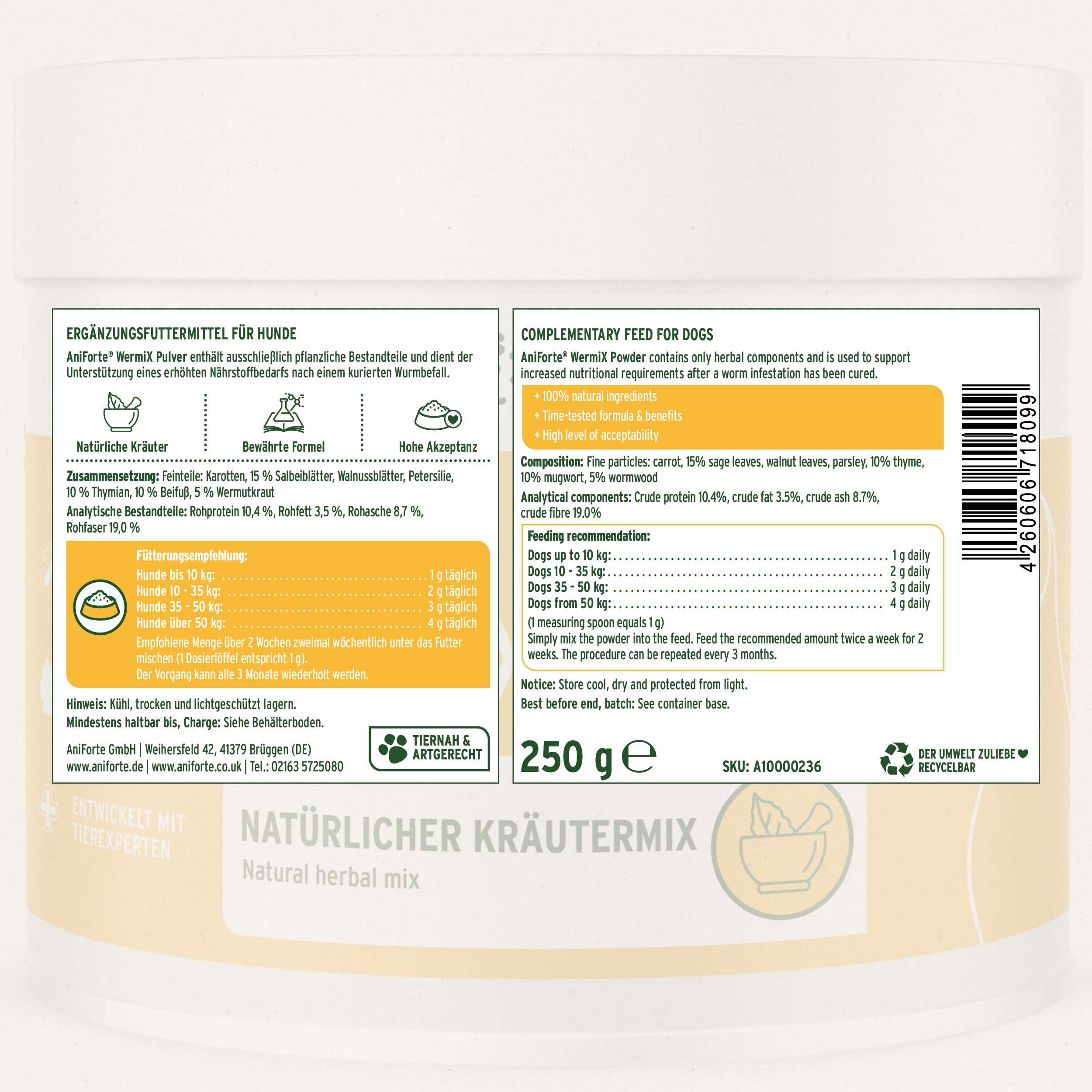 AniForte WermiX für Hunde 250g - Natürliche Kräuter, seit 10 Jahren bewährte Alternative, Unterstützung durch Saponine, Bitterstoffe, Thymian, Wermut & Salbei