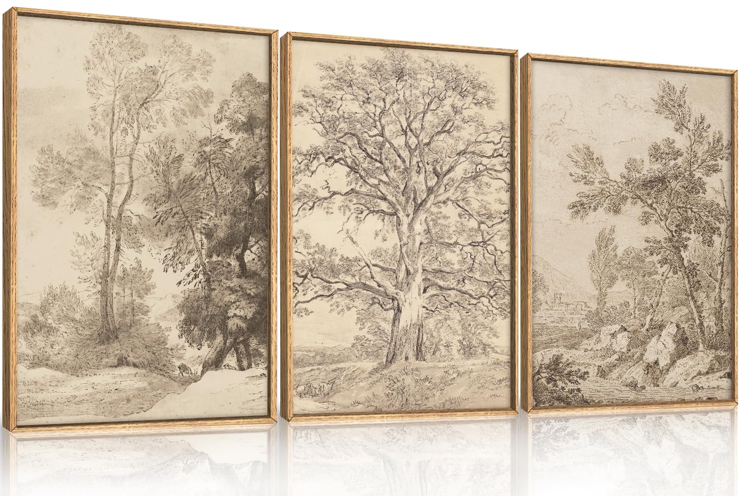 Ausril Large Vintage Sketchbook Framed Canvas Wall Art Set, Minimalist Tree Sketch Wall Decor, Neutral Botanical Wall Painting, Boho Nature Landscape