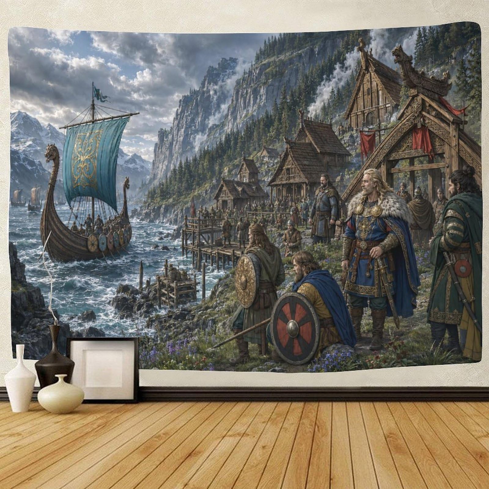 GPMNBCXZK Viking Longship Nordic Fjord Village Tapestry for Bedroom 3D Print Wall Art Decor Tapestries Poster Home Decoration Bedroom Dorm 100cmx150cm