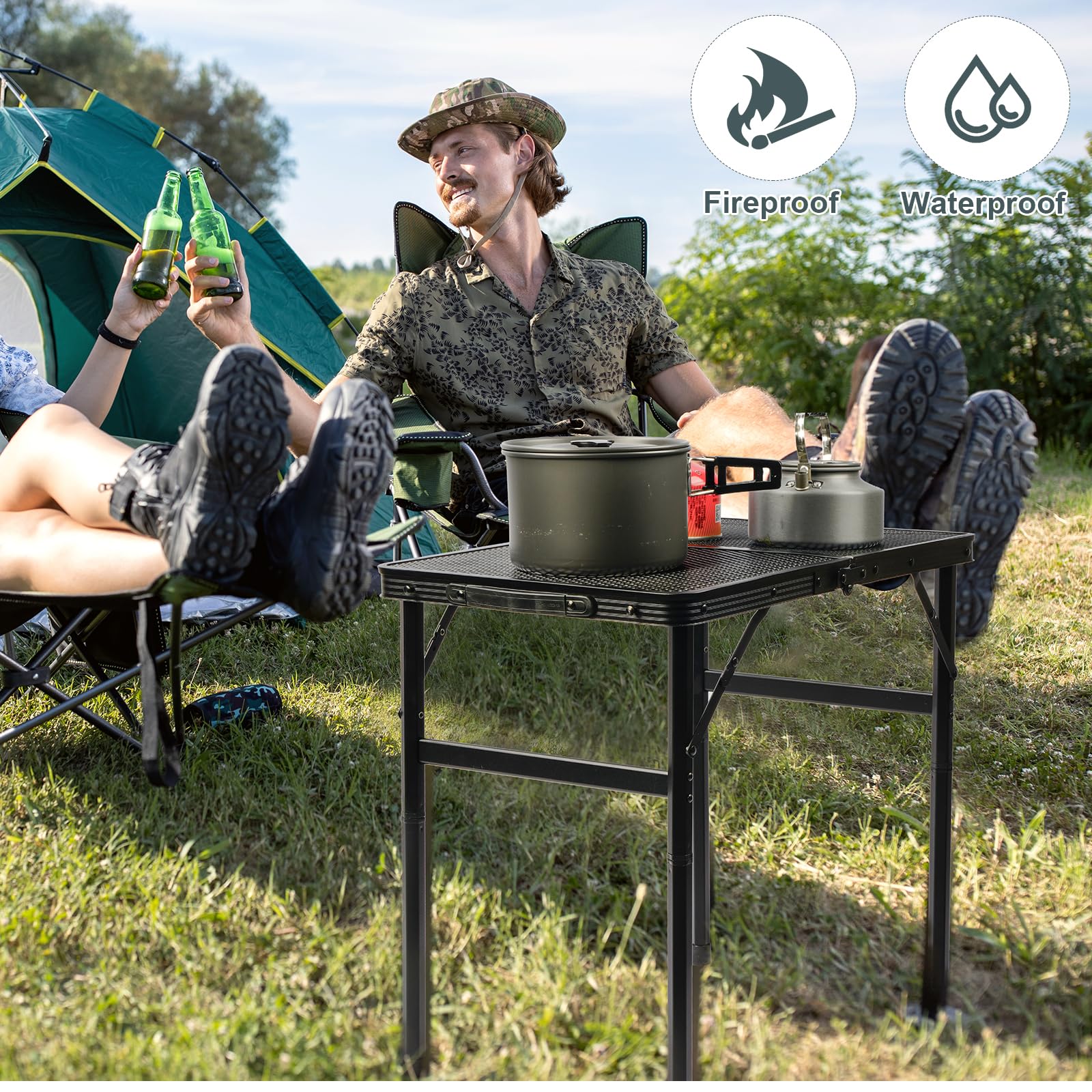 UNIFER Camping Table,2 Ft Portable Camping Table, Lightweight Portable Grill Table,Height Adjustable Metal Table with Carrying Handle,Small Table for Camping, Picnic, Beach and BBQ