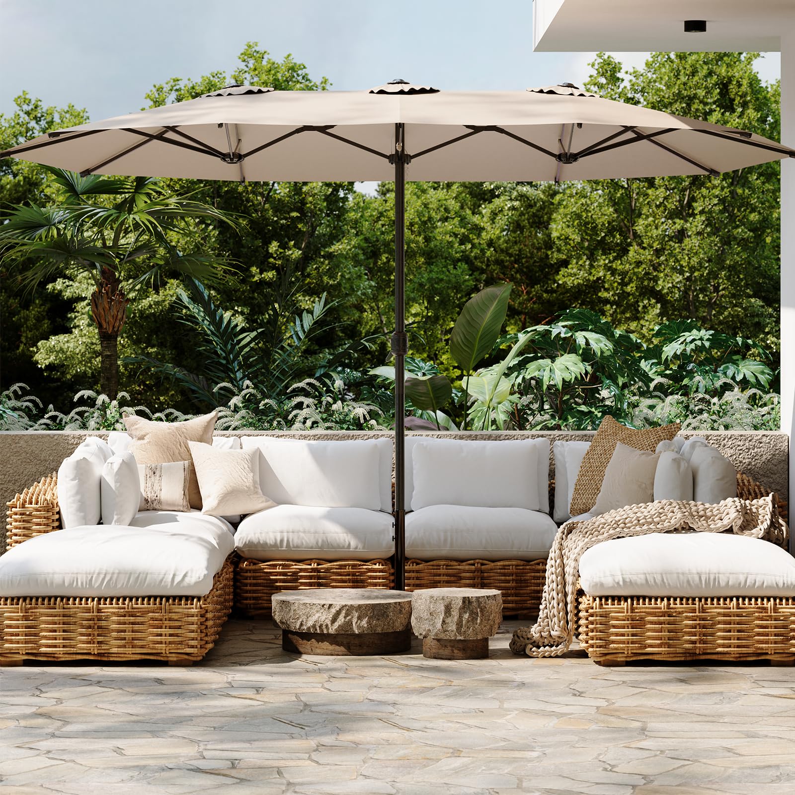 AECOJOY 15x9ft Large Patio Umbrella, Double-Sided Umbrella Outdoor Patio, Rectangle Market Table 177''x104'' Umbrellas with Crank Air Vents for Deck