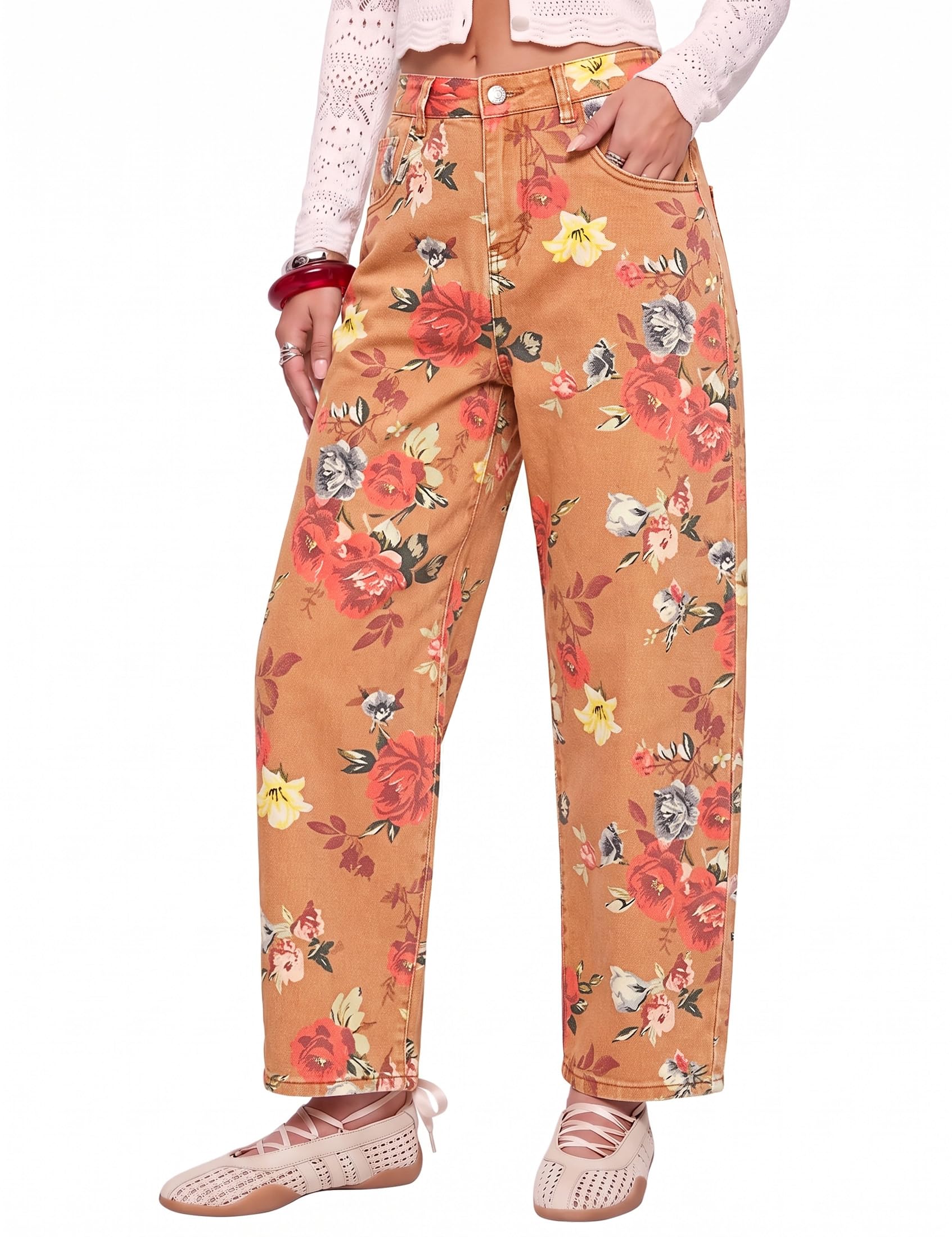 luvamia Barrel Jeans for Women Floral Printed High Rise Denim Pants Colored Global Recycled Standard Global Recycled Standard Global Recycled Standard