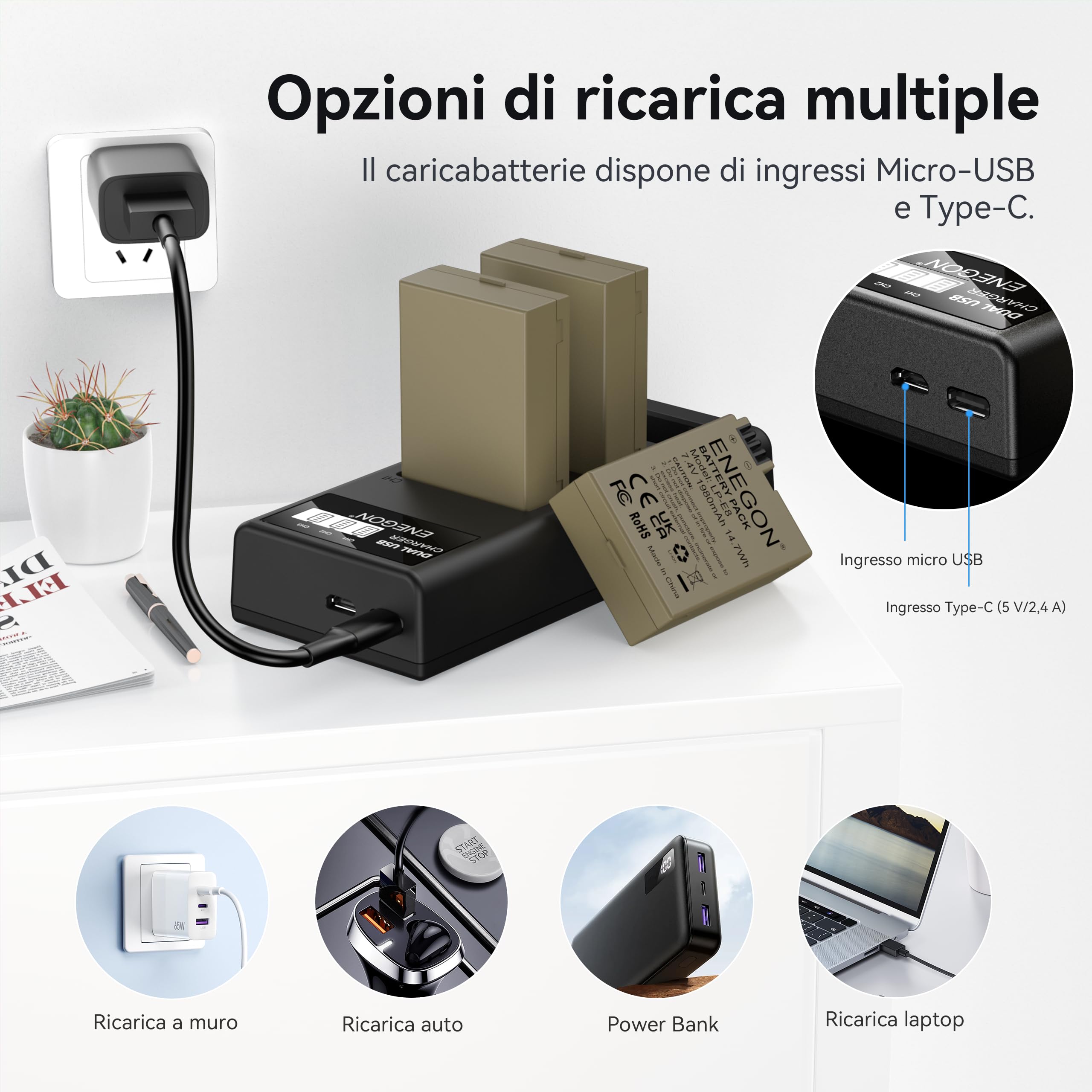 ENEGON Baterías para cámara LP-E8 Paquete de 3 (1980mAh) con cargador LED de 3 ranuras, compatible con Canon EOS Rebel T2i, T3i, T4i, T5i / Kiss X4, X5, X6i, X7i / EOS 550D, 600D, 650D, 700D