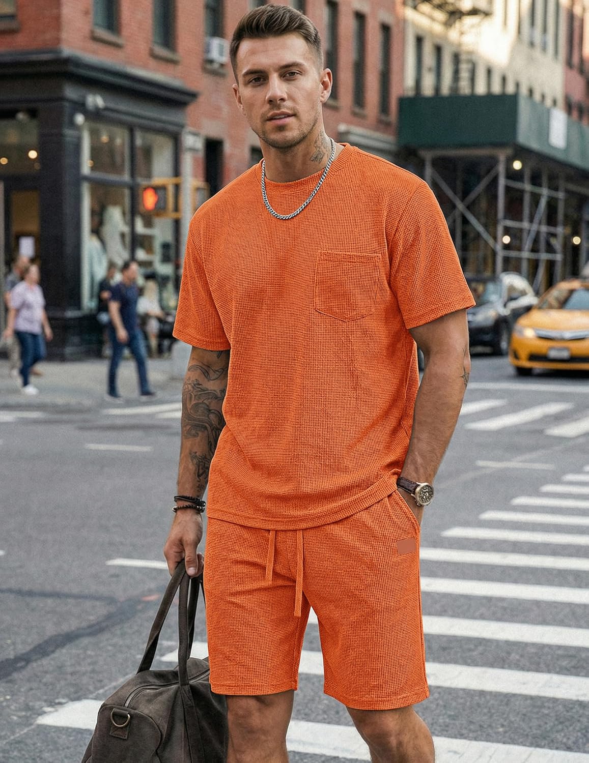 Men's Waffle Short Sets 2 Piece Outfits Cotton T-Shirts and Shorts Set Summer Vacation Beach Casual