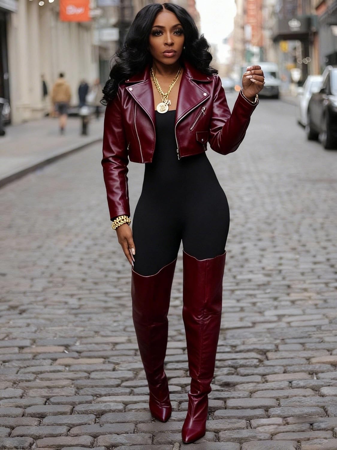 Molilove Crop Leather Jacket Women Faux Leather Long Sleeve Lapel Neck Zipper Up PU Motor Coats Fall Going Out Jackets