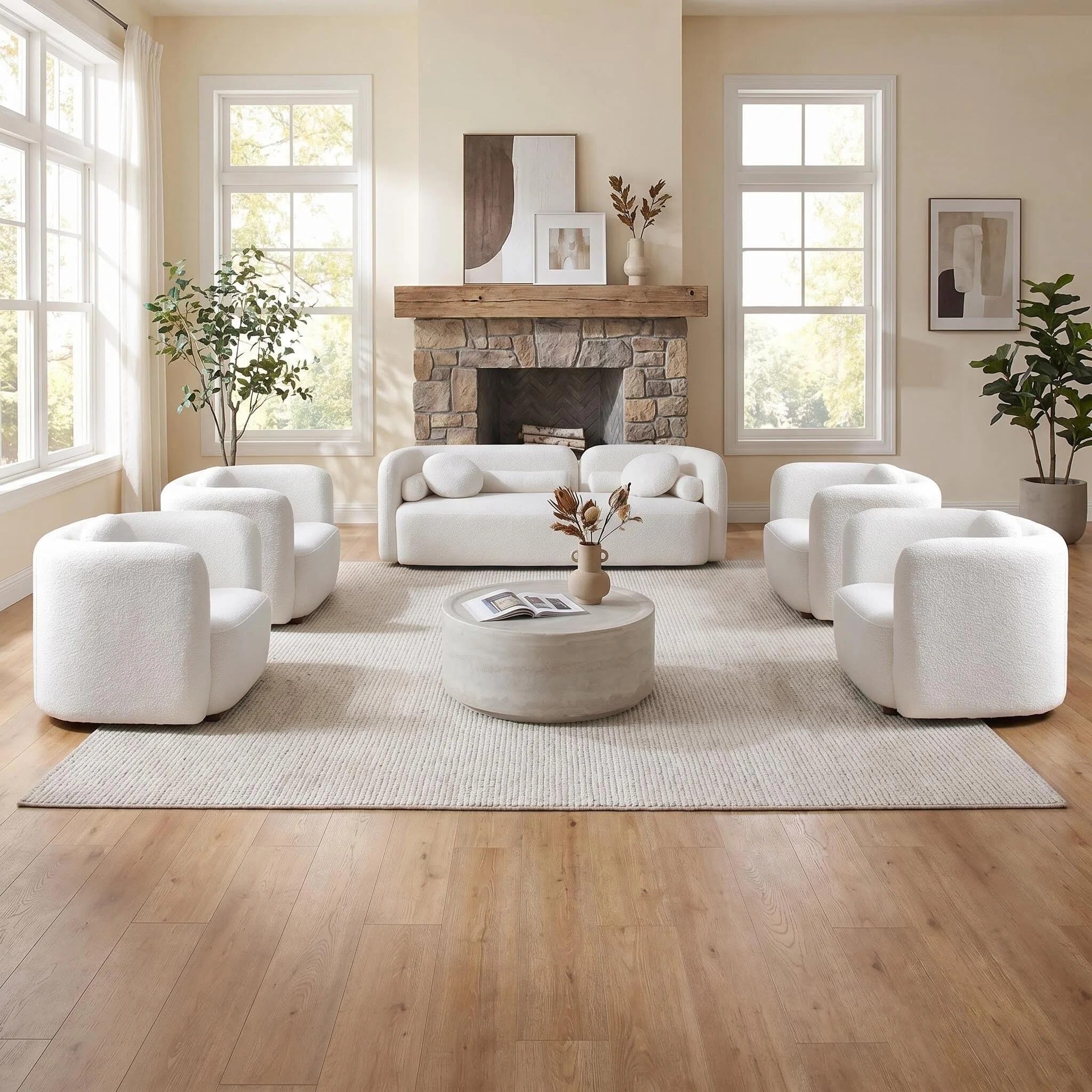 5-Piece Curved Couch Set, White Boucle &amp; 4 Accent Chairs