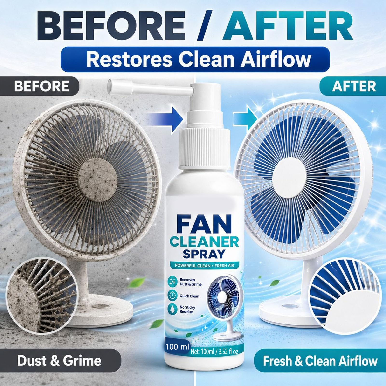 Spray limpiador de ventiladores multiusos (100ml-3pcs+30ml-2pcs) | Limpiador de aspas de ventilador sin enjuague, solución de limpieza sin necesidad de desmontaje con ventiladores de pie