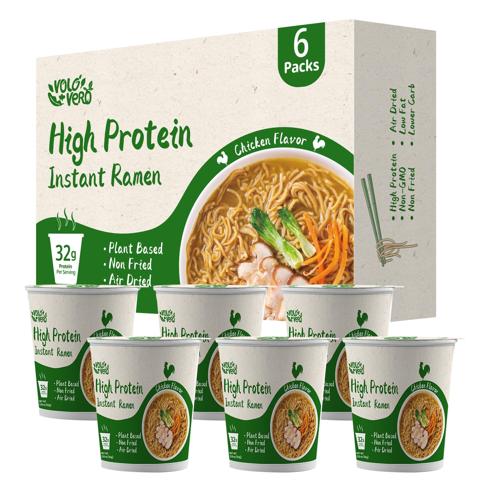 VOLO VERO High Protein (32g) Instant Ramen Soup Cup Chicken Flavor, Plant-Based, Non-Fried, Vegan, Low Carb, Low Fat, Non-GMO, Egg & Dairy Free, Quick