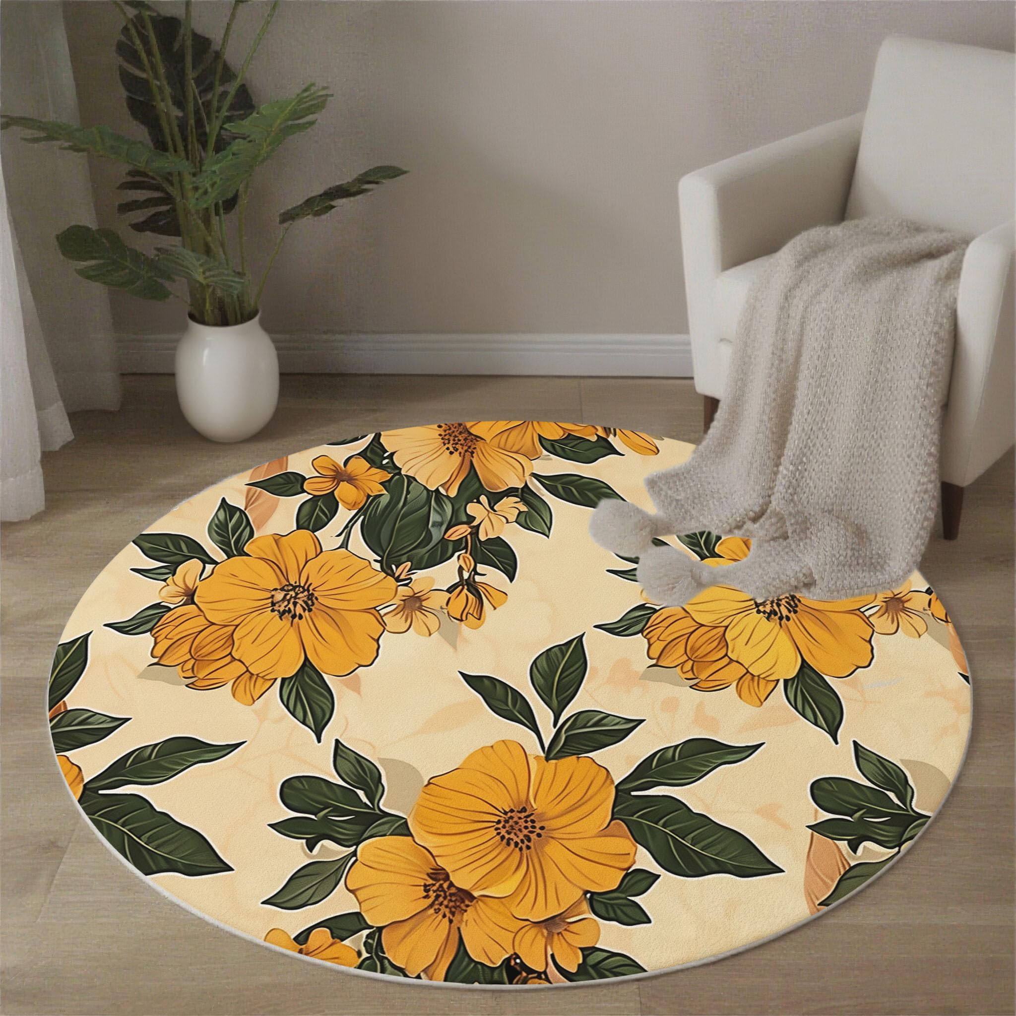 Runder Teppich Senfgelb 100cm Kurzflor Teppich Weich Waschbar Gelbe Blumen Stuhlkissen Rund Pflegeleicht und Wetterbeständig für Wohnzimmer, Schlafzimmer, Büro